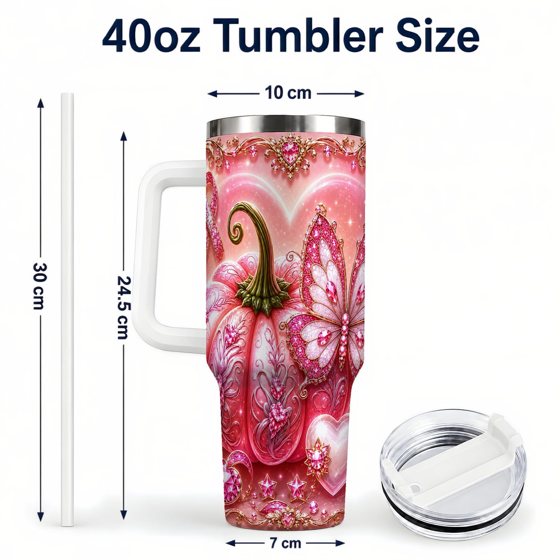 #pl[40oz|White] Ribbon Pumpkin 40oz Tumbler with Handle, Awareness Stainless Steel Cup