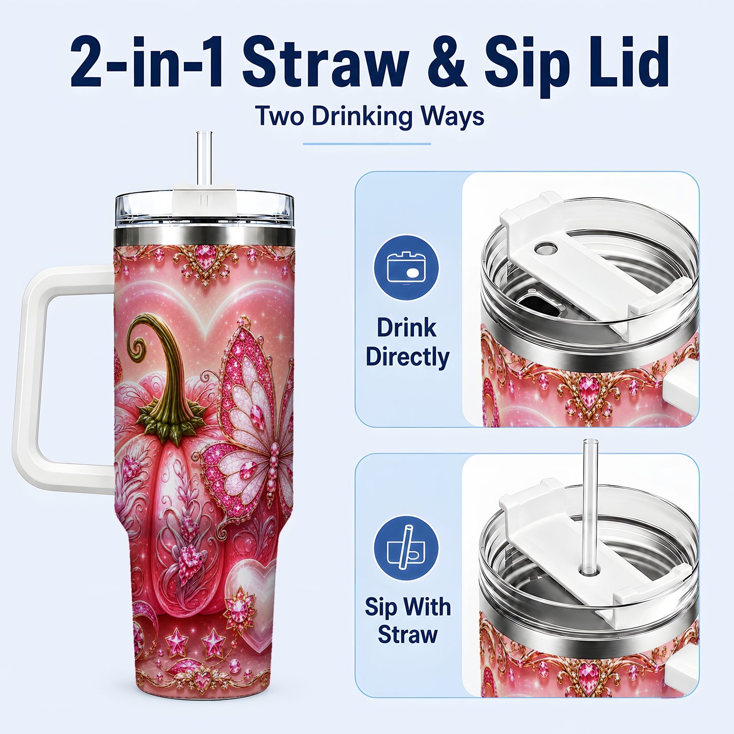 #pl[40oz|White] Ribbon Pumpkin 40oz Tumbler with Handle, Awareness Stainless Steel Cup