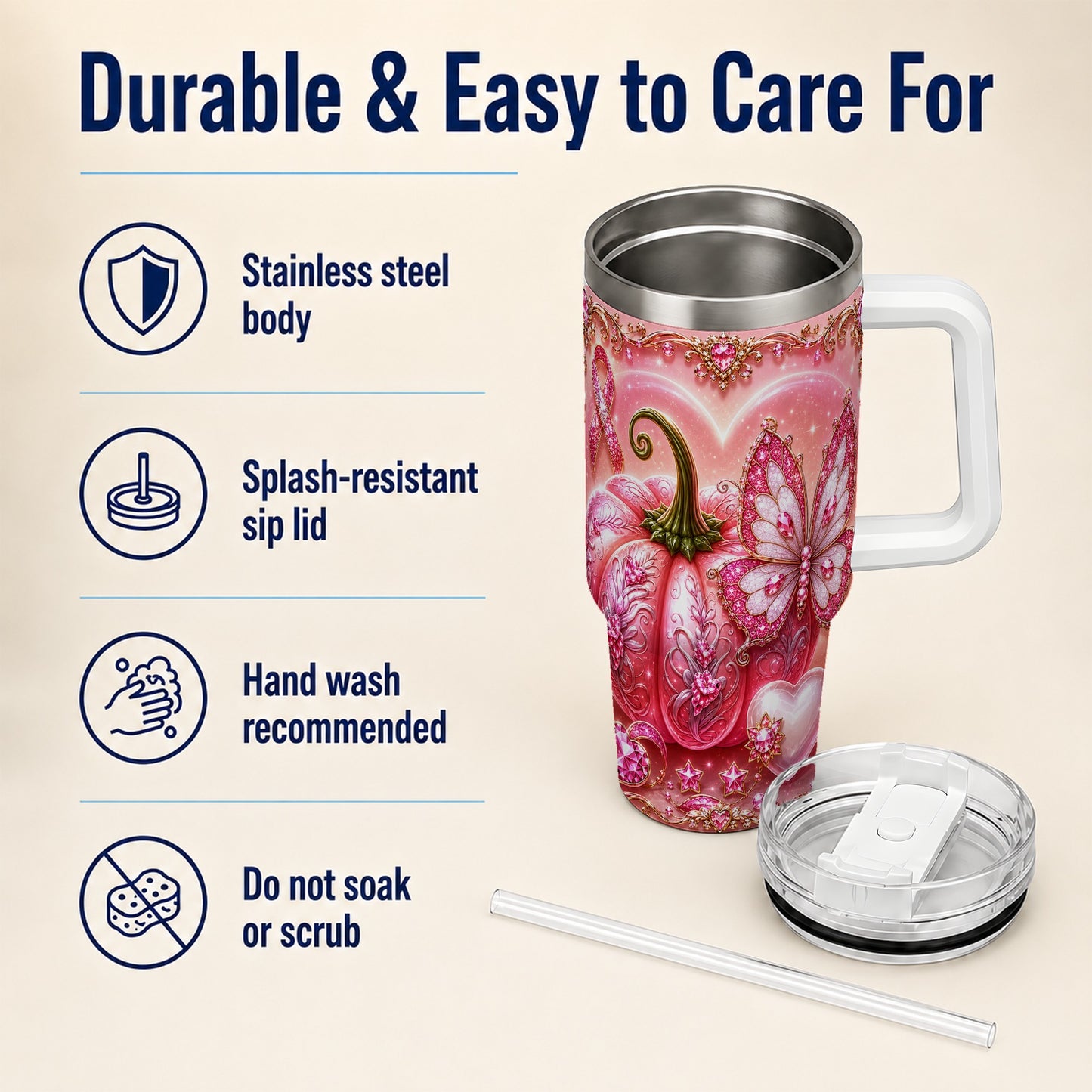 #pl[40oz|White] Ribbon Pumpkin 40oz Tumbler with Handle, Awareness Stainless Steel Cup