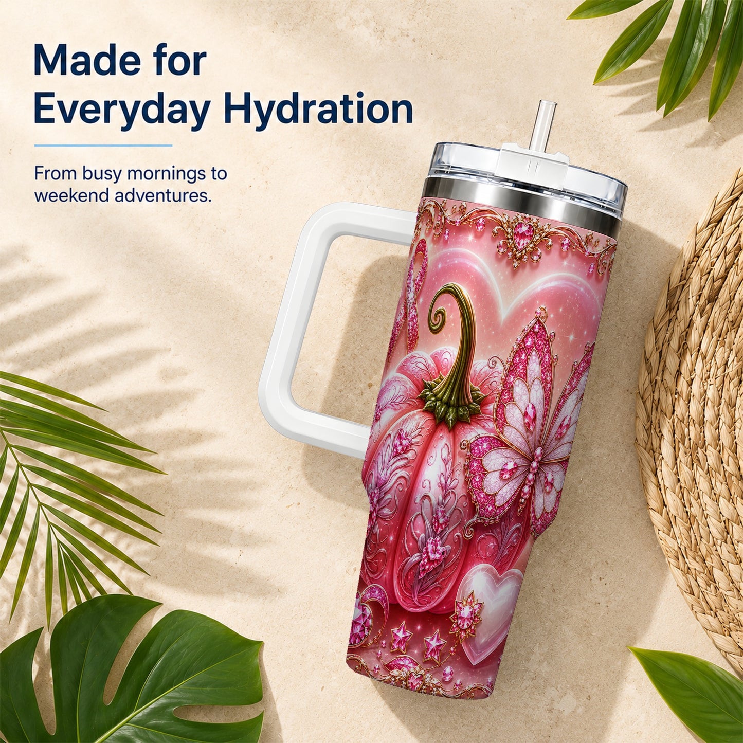 #pl[40oz|White] Ribbon Pumpkin 40oz Tumbler with Handle, Awareness Stainless Steel Cup