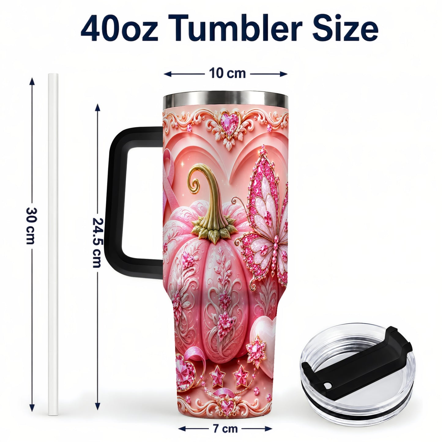#pl[40oz|Black] Ribbon Butterfly 40oz Tumbler with Handle, Awareness Stainless Steel Cup