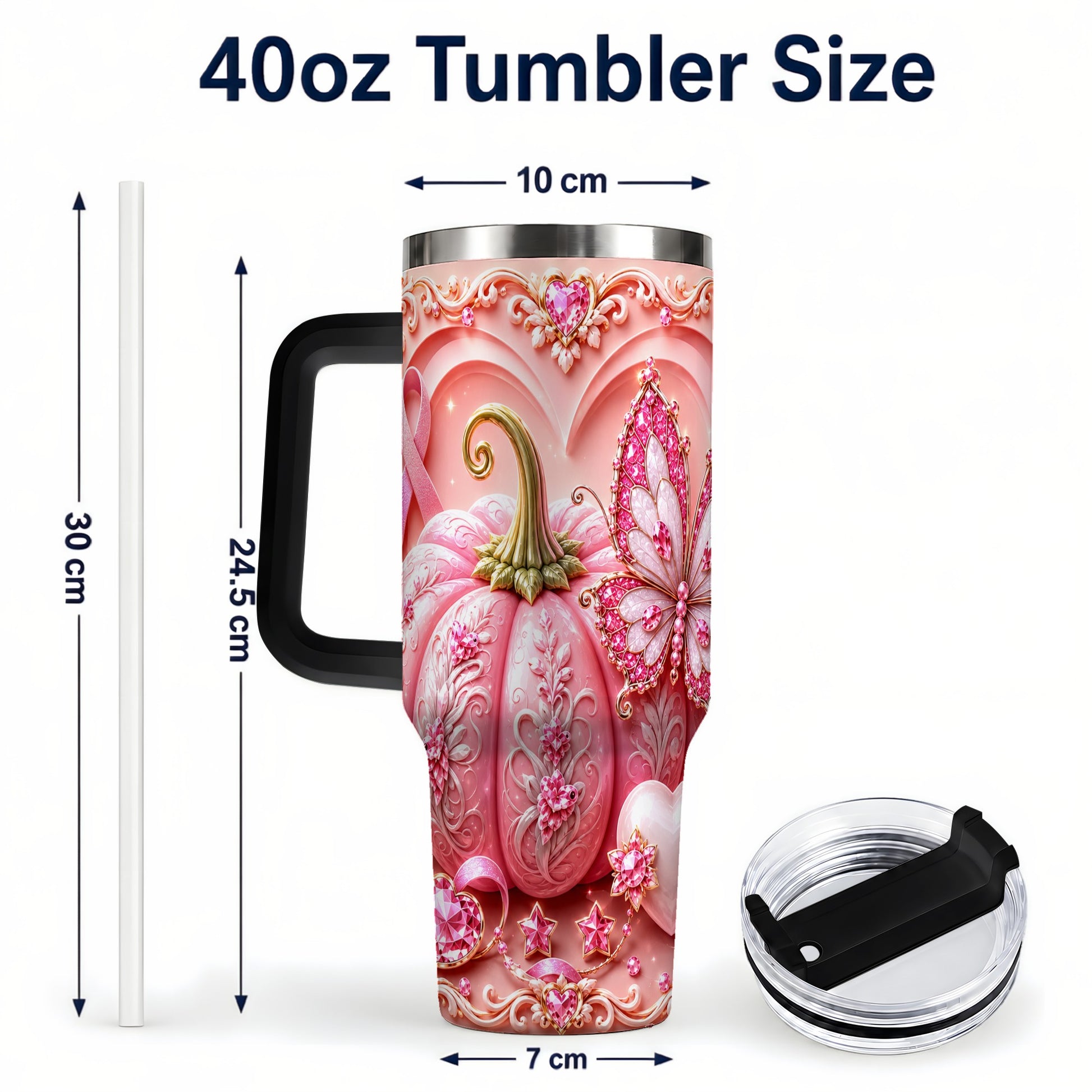 #pl[40oz|Black] Ribbon Butterfly 40oz Tumbler with Handle, Awareness Stainless Steel Cup