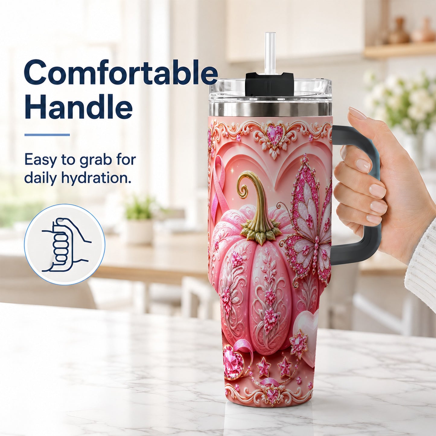#pl[40oz|Black] Ribbon Butterfly 40oz Tumbler with Handle, Awareness Stainless Steel Cup