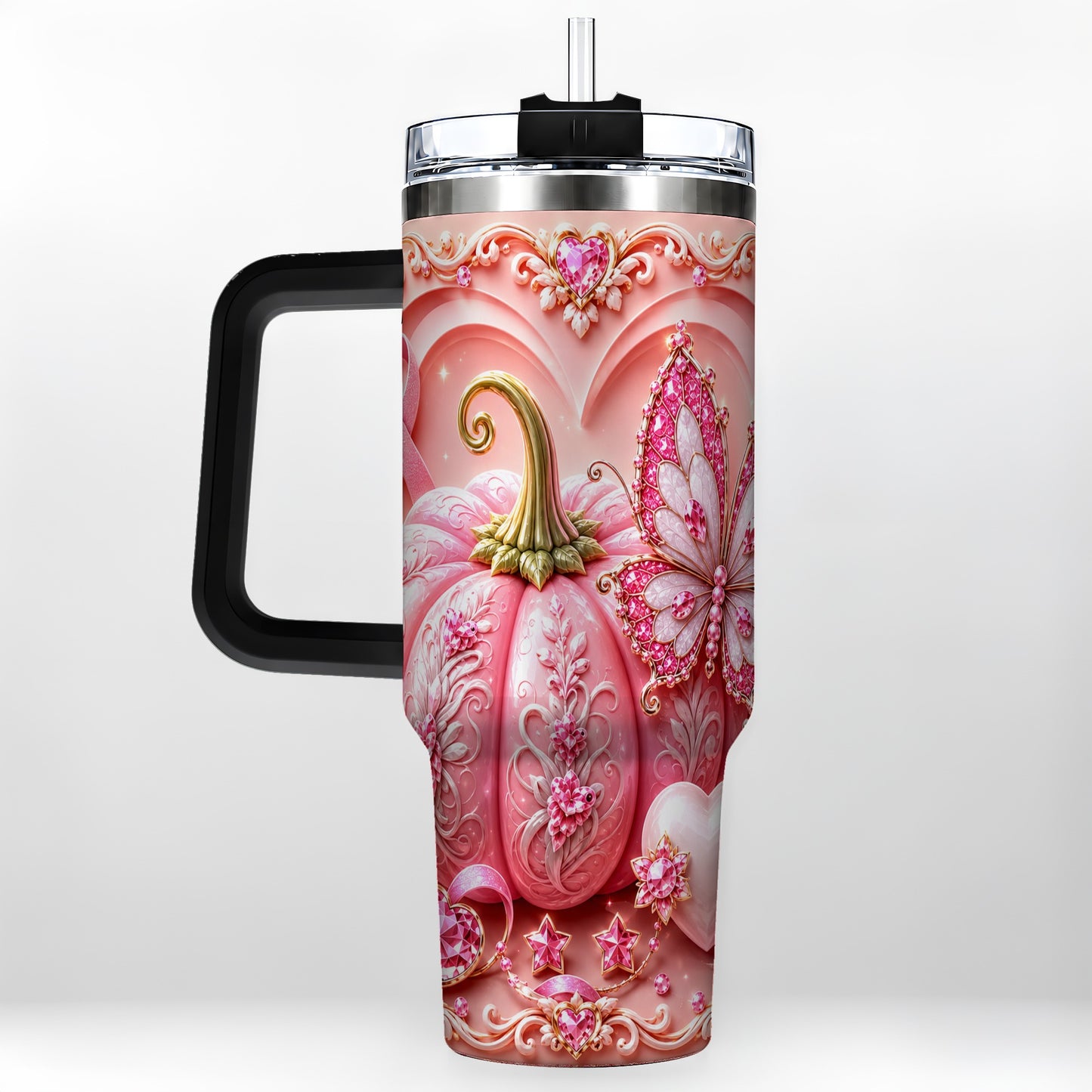 #pl[40oz|Black] Ribbon Butterfly 40oz Tumbler with Handle, Awareness Stainless Steel Cup