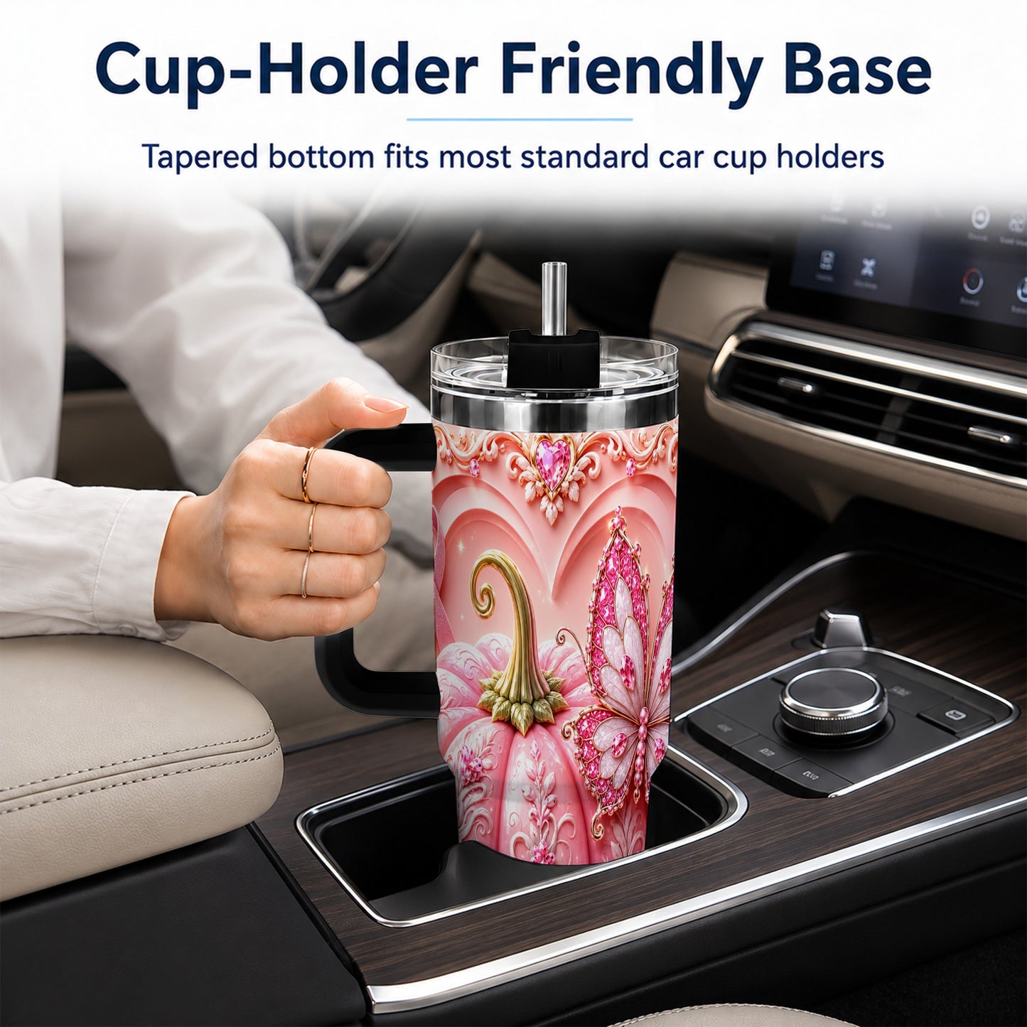 #pl[40oz|Black] Ribbon Butterfly 40oz Tumbler with Handle, Awareness Stainless Steel Cup