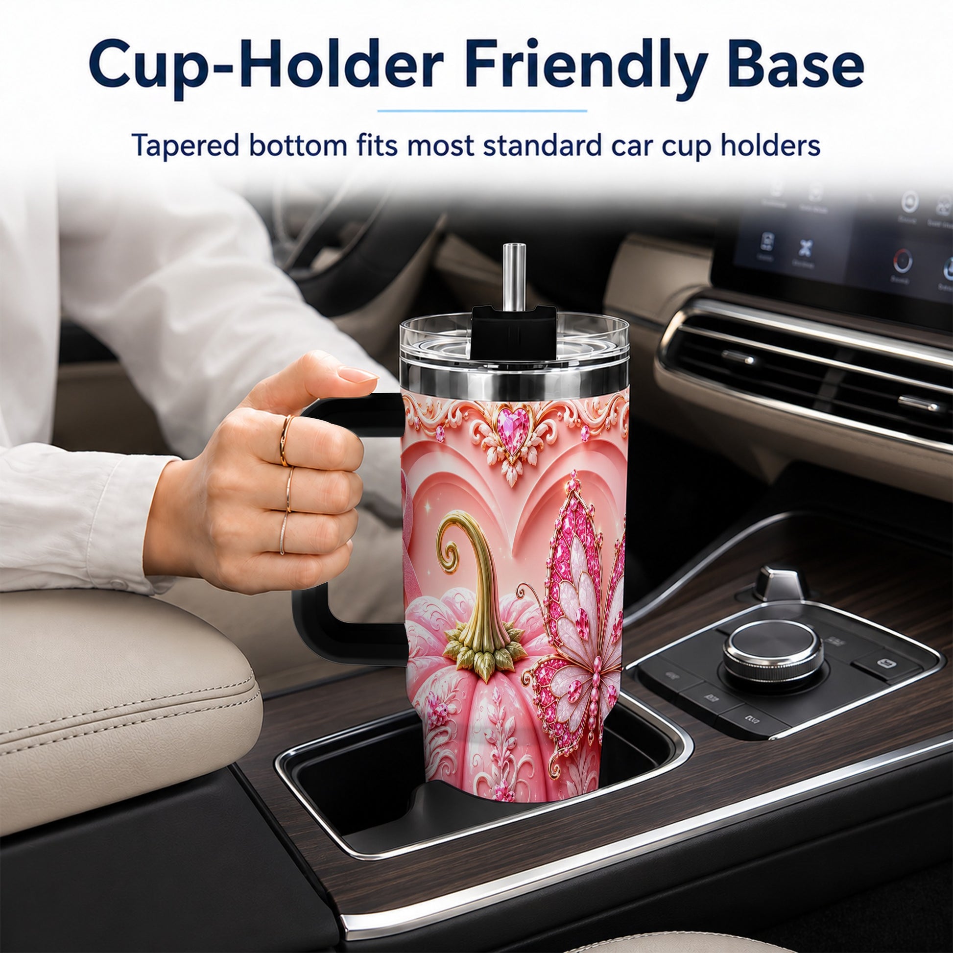 #pl[40oz|Black] Ribbon Butterfly 40oz Tumbler with Handle, Awareness Stainless Steel Cup
