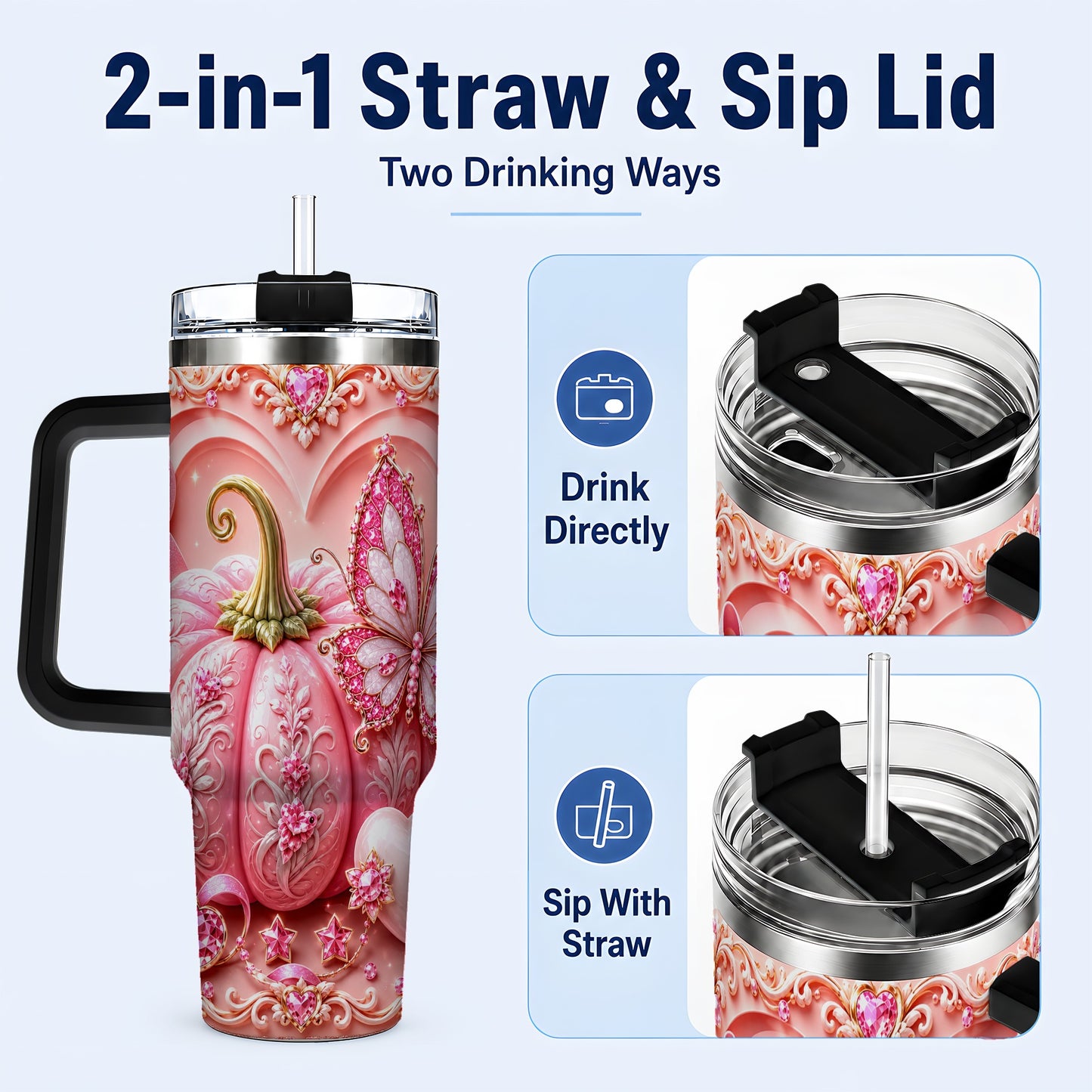 #pl[40oz|Black] Ribbon Butterfly 40oz Tumbler with Handle, Awareness Stainless Steel Cup
