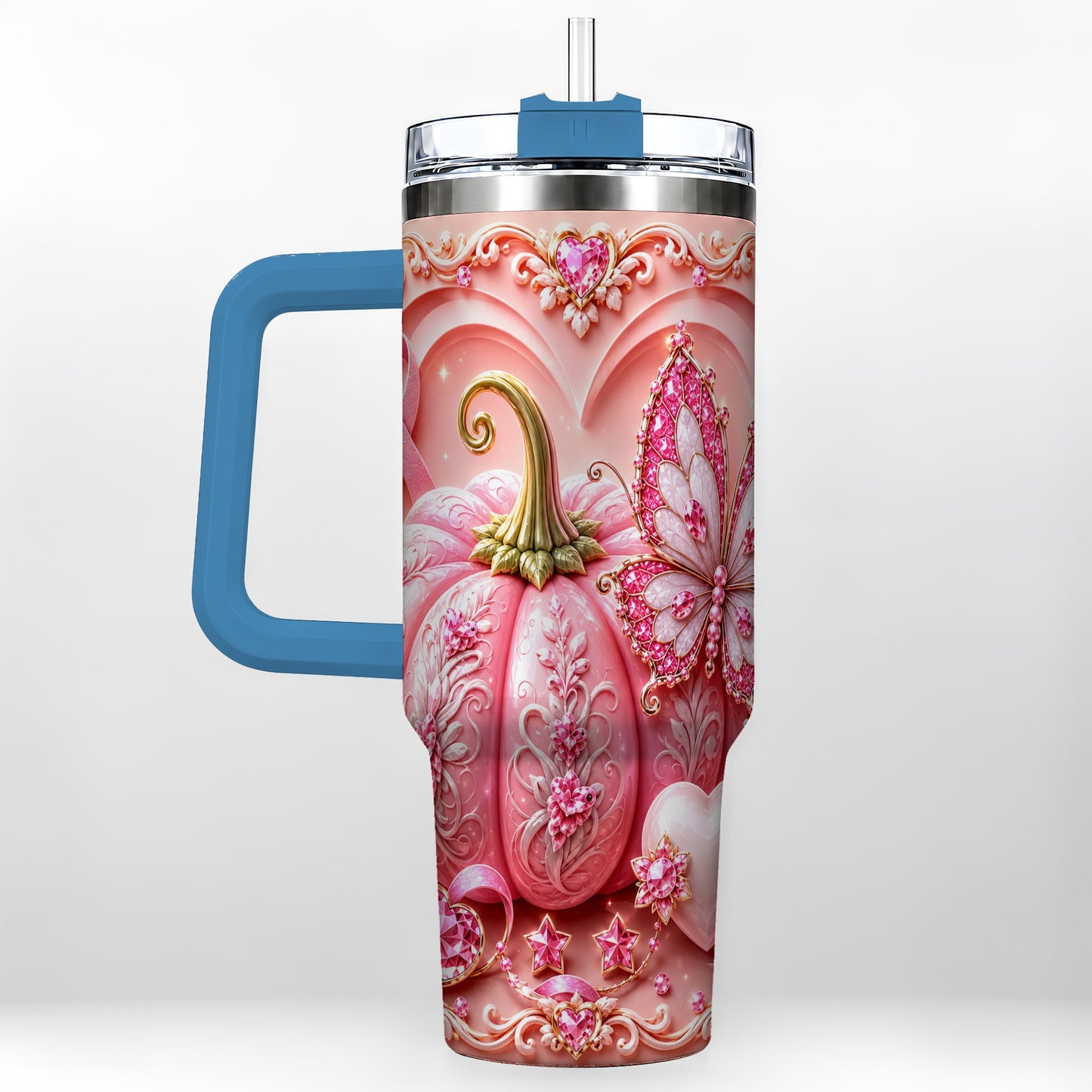 #pl[40oz|Blue] Ribbon Butterfly 40oz Tumbler with Handle, Awareness Stainless Steel Cup
