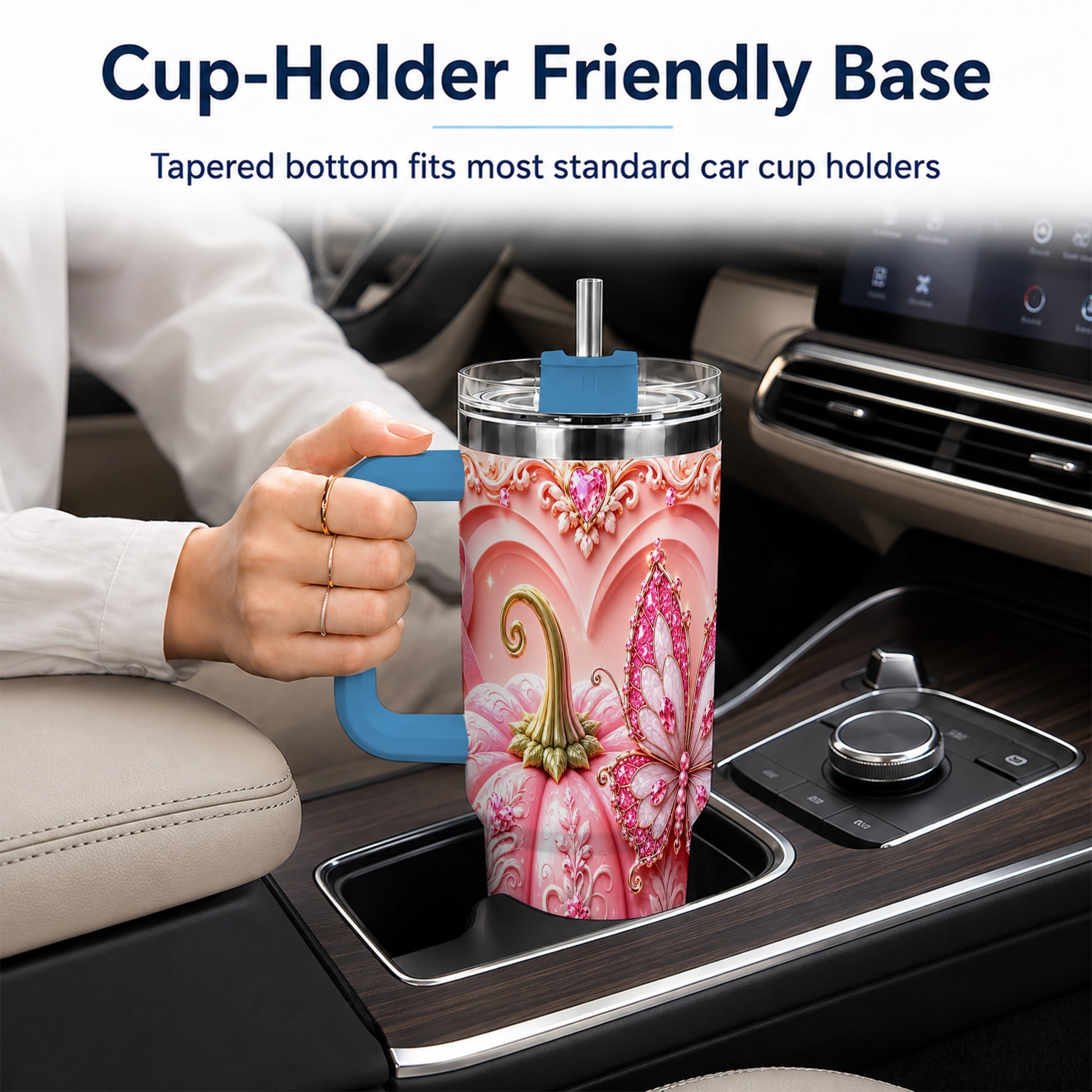 #pl[40oz|Blue] Ribbon Butterfly 40oz Tumbler with Handle, Awareness Stainless Steel Cup