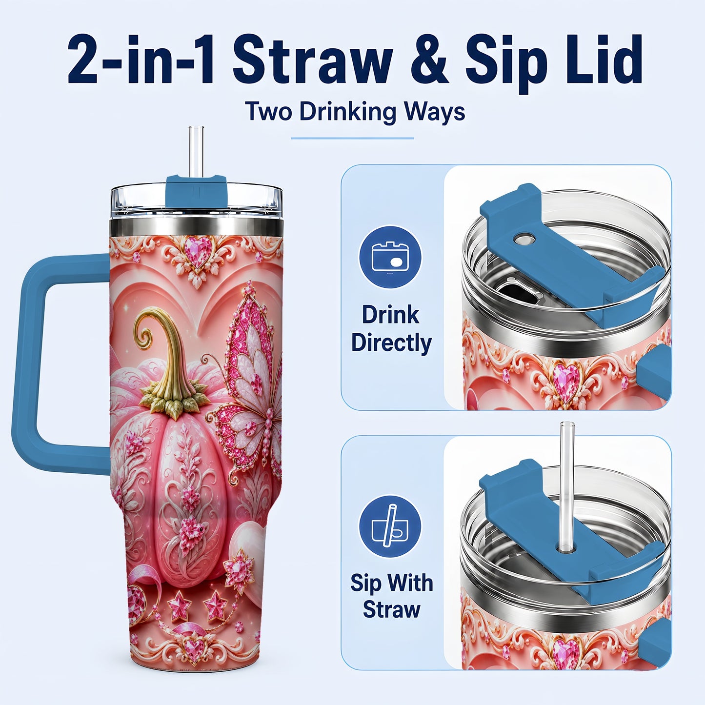#pl[40oz|Blue] Ribbon Butterfly 40oz Tumbler with Handle, Awareness Stainless Steel Cup
