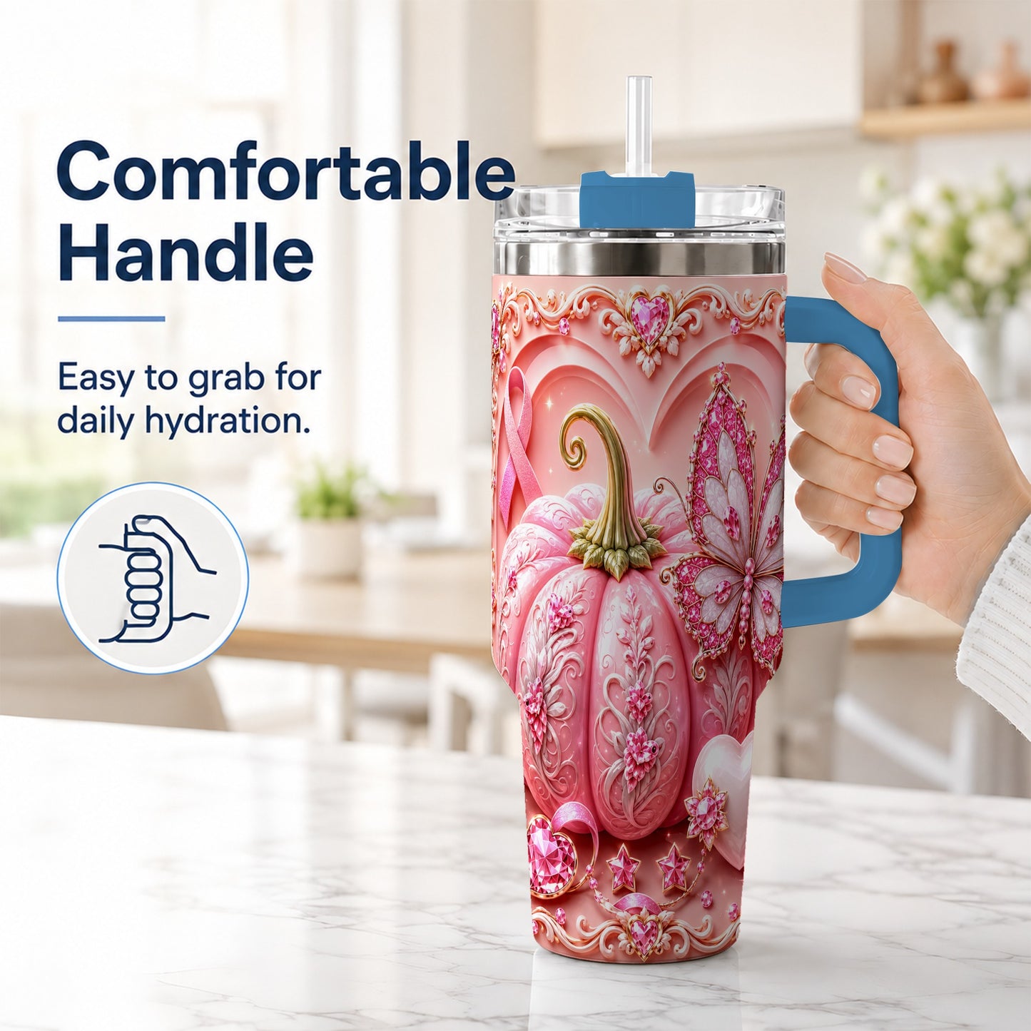 #pl[40oz|Blue] Ribbon Butterfly 40oz Tumbler with Handle, Awareness Stainless Steel Cup