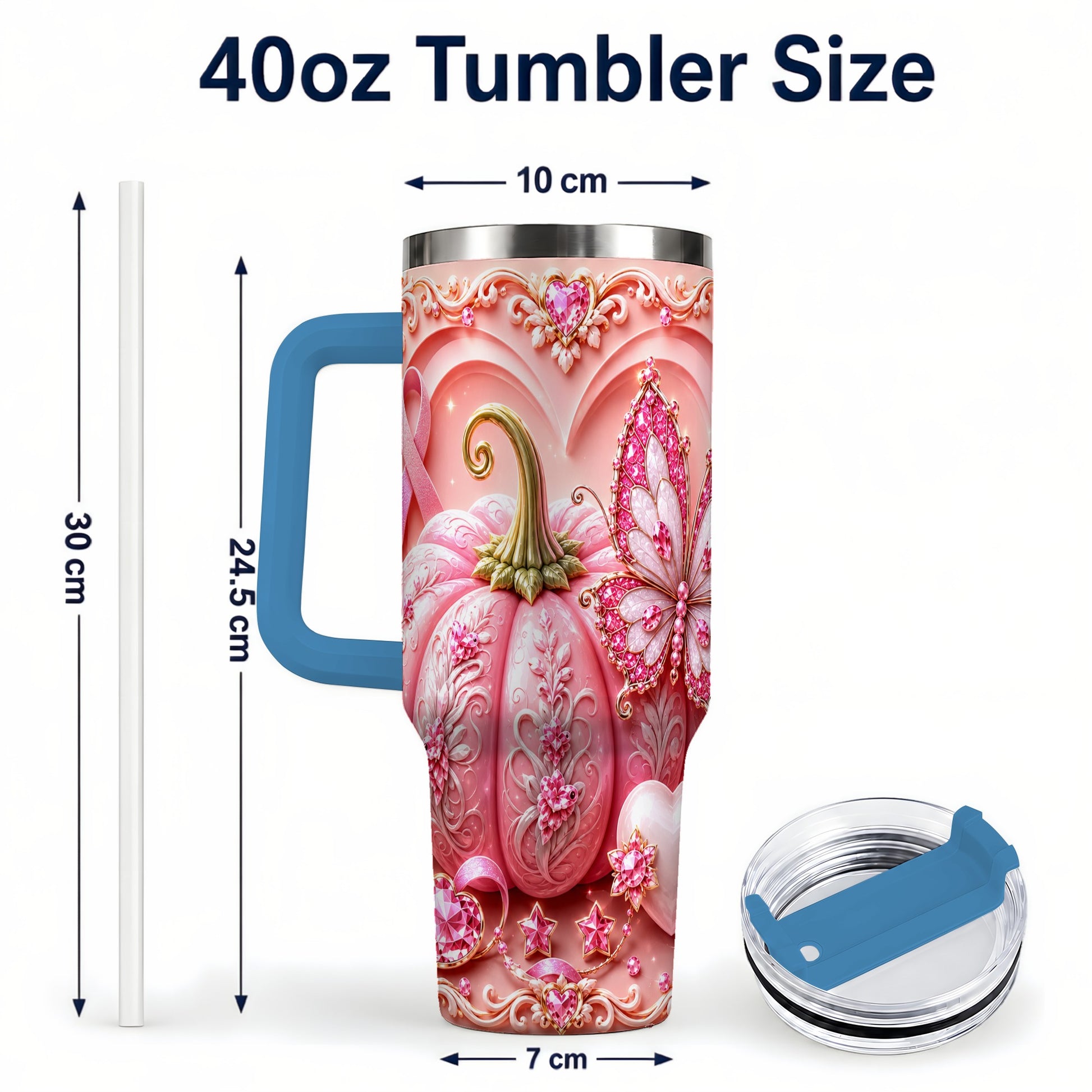 #pl[40oz|Blue] Ribbon Butterfly 40oz Tumbler with Handle, Awareness Stainless Steel Cup