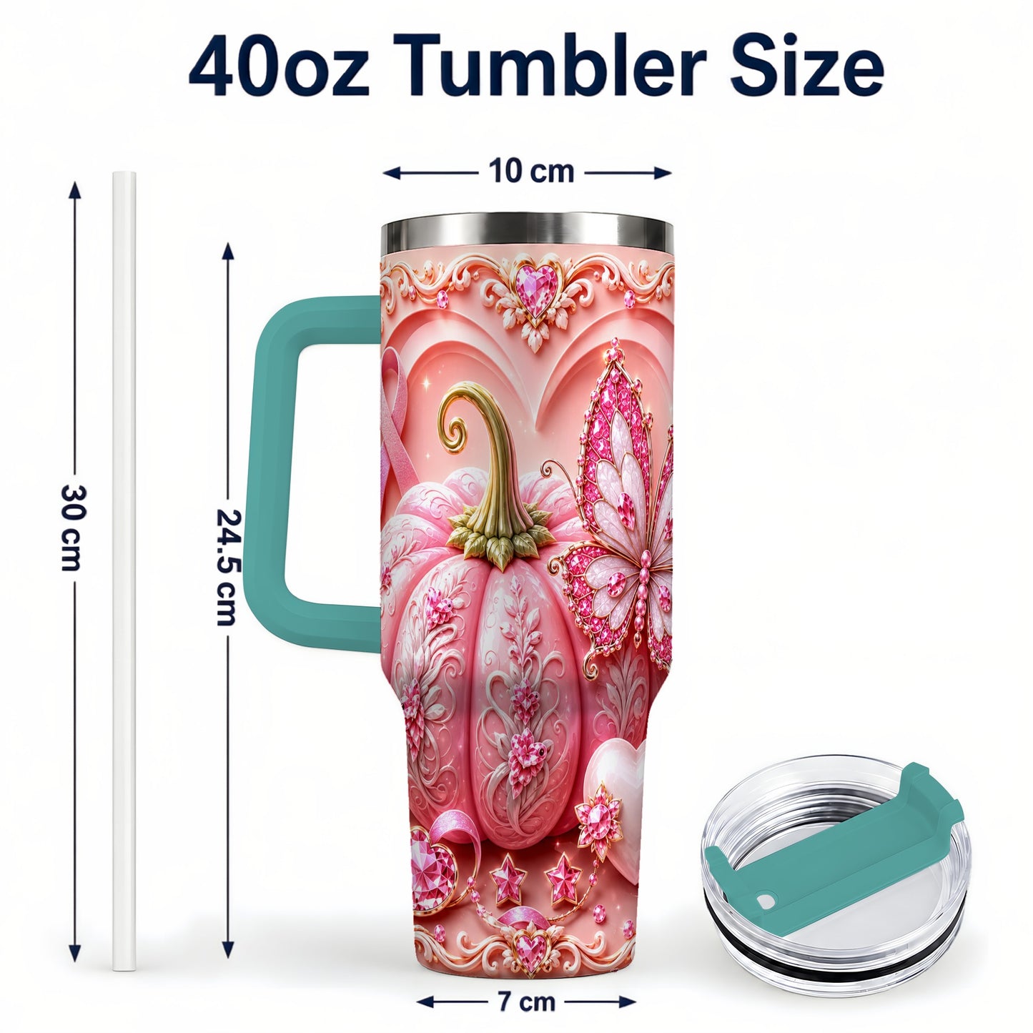 #pl[40oz|Green] Ribbon Butterfly 40oz Tumbler with Handle, Awareness Stainless Steel Cup
