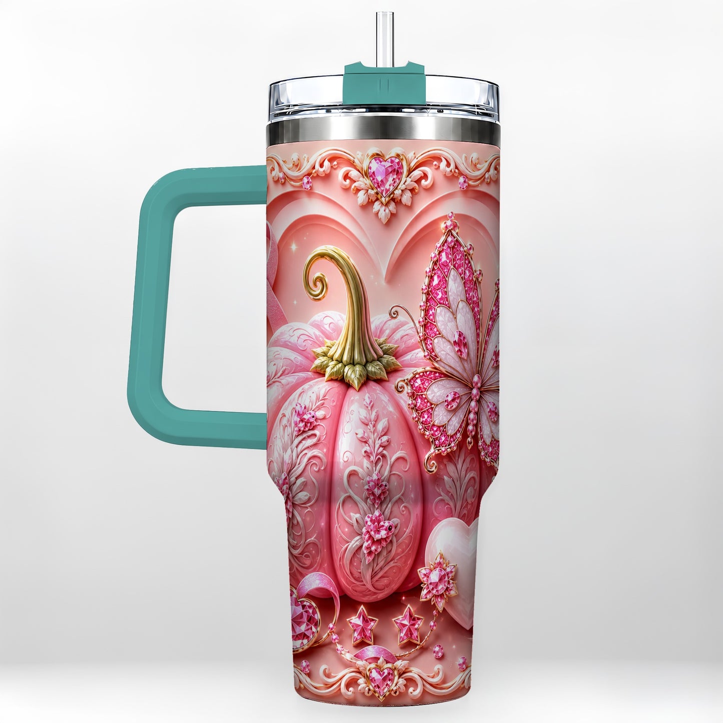 #pl[40oz|Green] Ribbon Butterfly 40oz Tumbler with Handle, Awareness Stainless Steel Cup