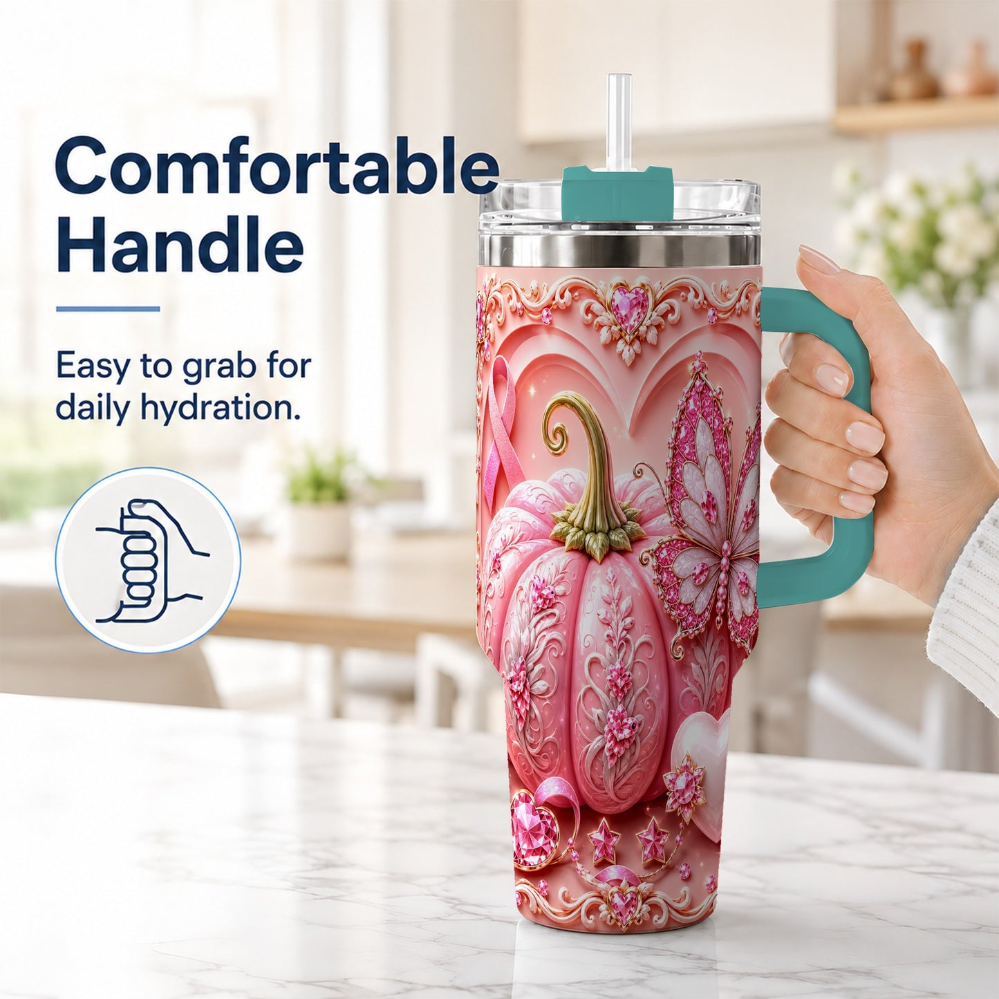 #pl[40oz|Green] Ribbon Butterfly 40oz Tumbler with Handle, Awareness Stainless Steel Cup