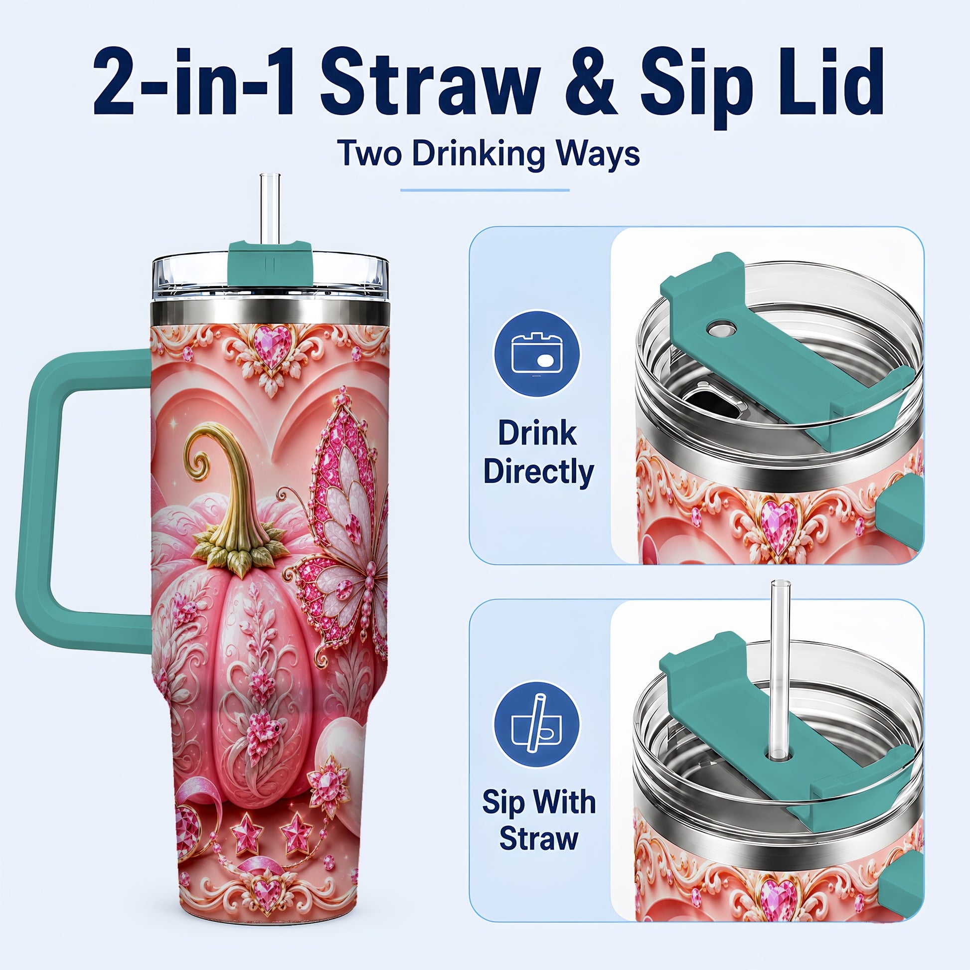 #pl[40oz|Green] Ribbon Butterfly 40oz Tumbler with Handle, Awareness Stainless Steel Cup