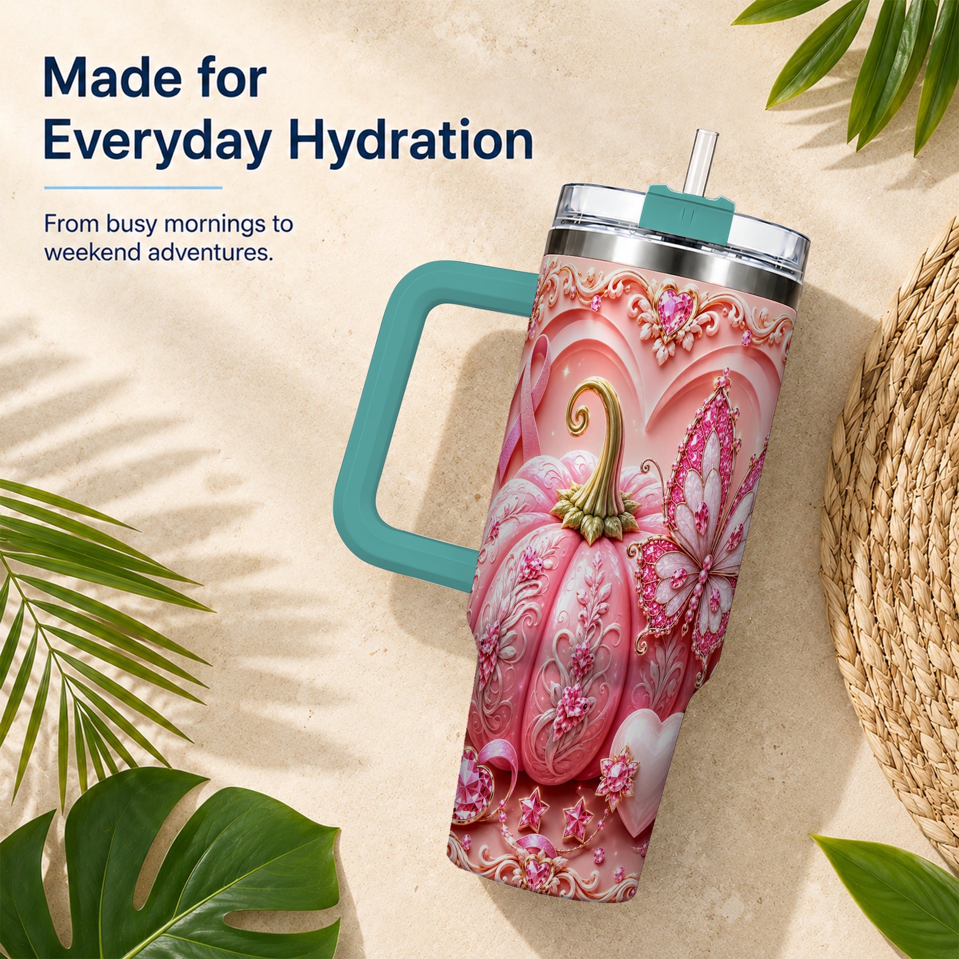 #pl[40oz|Green] Ribbon Butterfly 40oz Tumbler with Handle, Awareness Stainless Steel Cup
