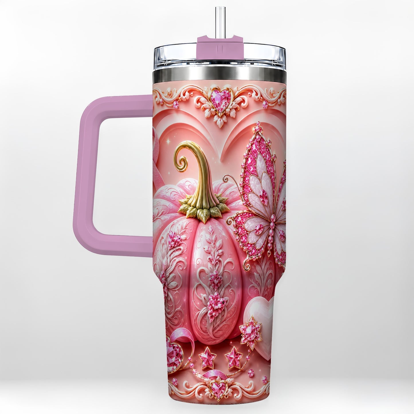 #pl[40oz|Pink] Ribbon Butterfly 40oz Tumbler with Handle, Awareness Stainless Steel Cup
