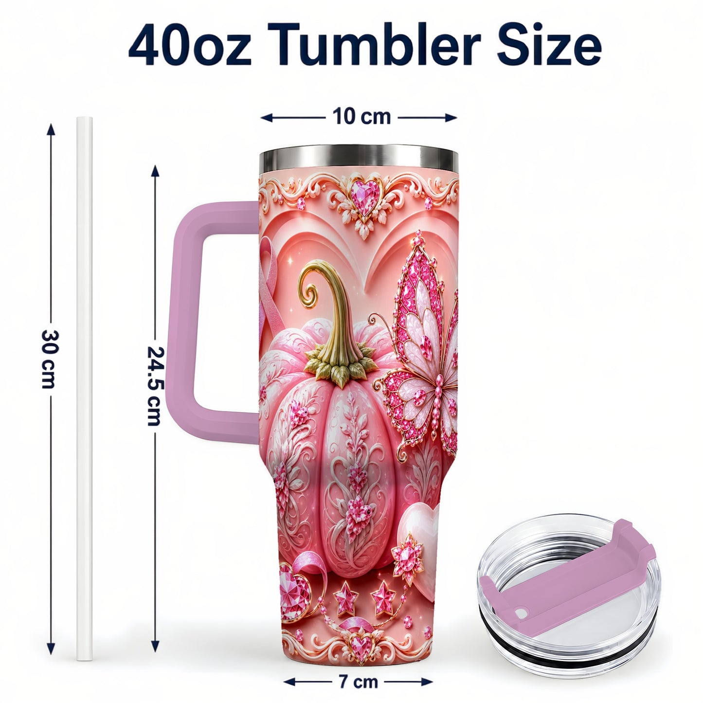 #pl[40oz|Pink] Ribbon Butterfly 40oz Tumbler with Handle, Awareness Stainless Steel Cup