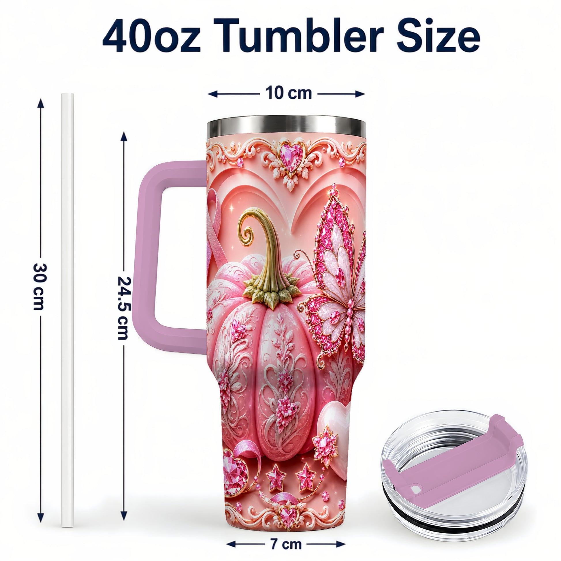 #pl[40oz|Pink] Ribbon Butterfly 40oz Tumbler with Handle, Awareness Stainless Steel Cup