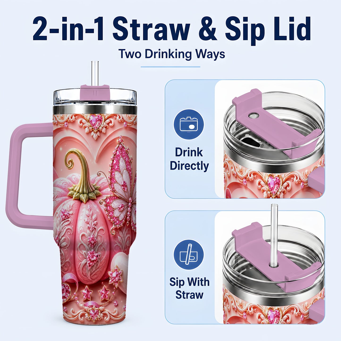 #pl[40oz|Pink] Ribbon Butterfly 40oz Tumbler with Handle, Awareness Stainless Steel Cup