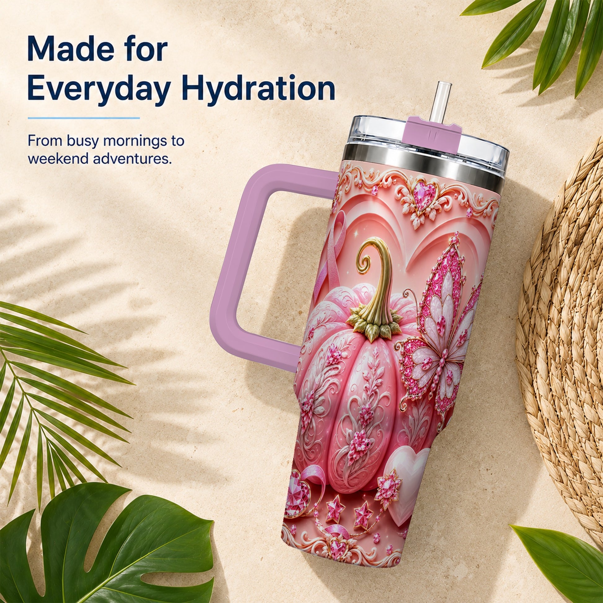 #pl[40oz|Pink] Ribbon Butterfly 40oz Tumbler with Handle, Awareness Stainless Steel Cup