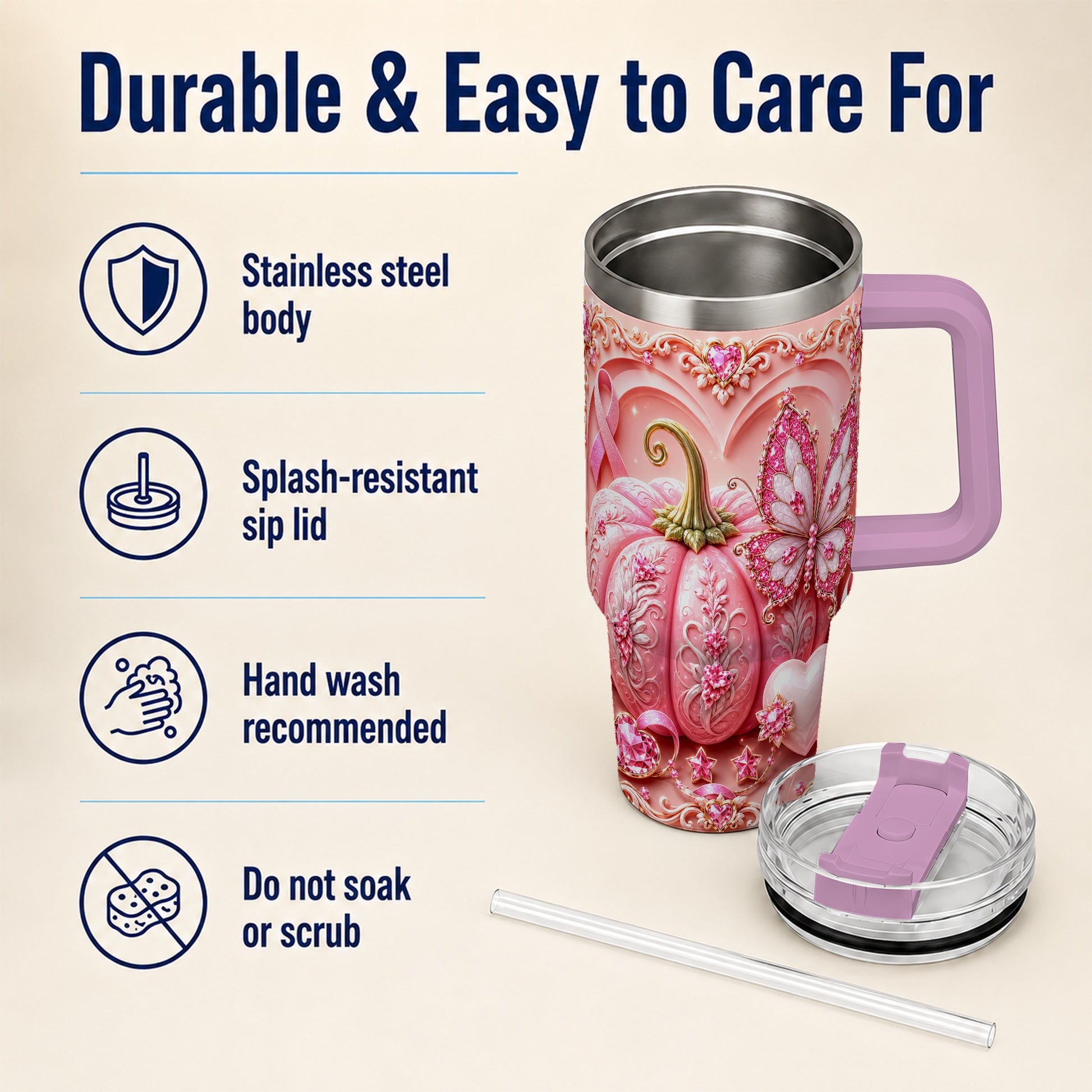 #pl[40oz|Pink] Ribbon Butterfly 40oz Tumbler with Handle, Awareness Stainless Steel Cup