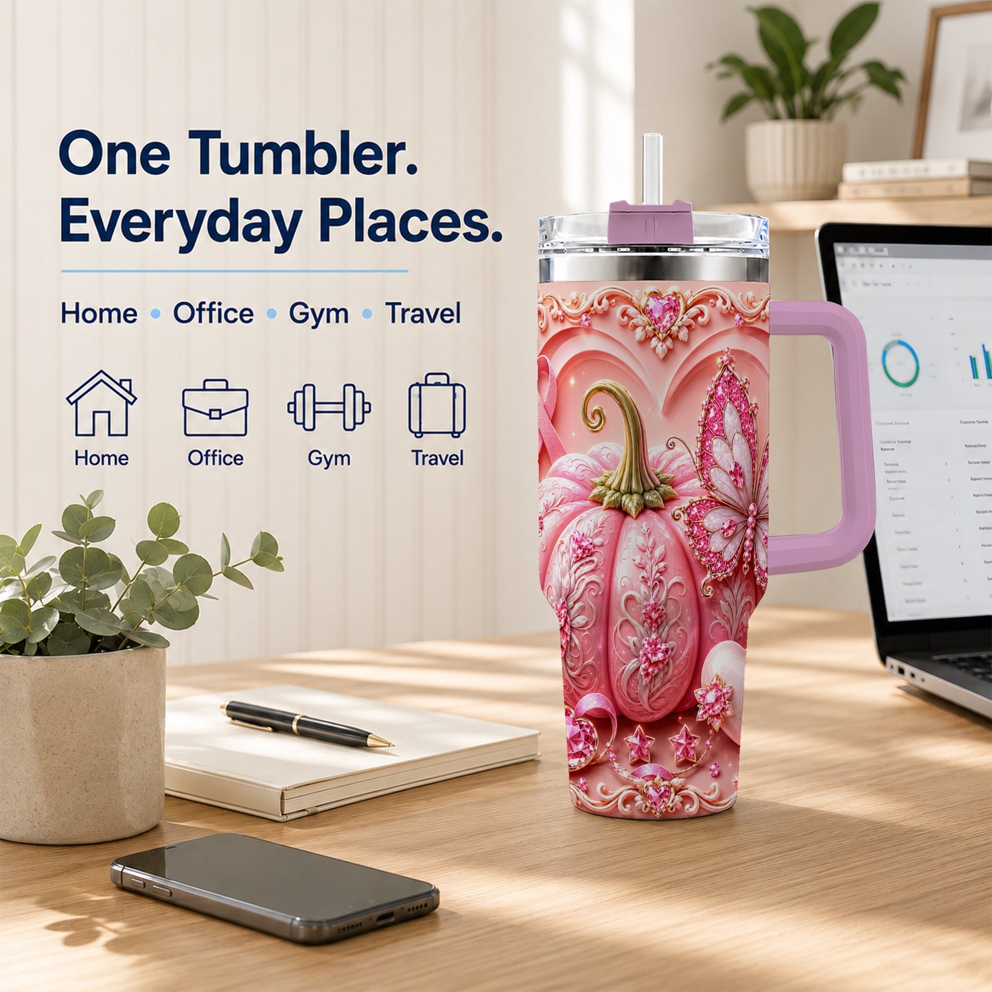 #pl[40oz|Pink] Ribbon Butterfly 40oz Tumbler with Handle, Awareness Stainless Steel Cup