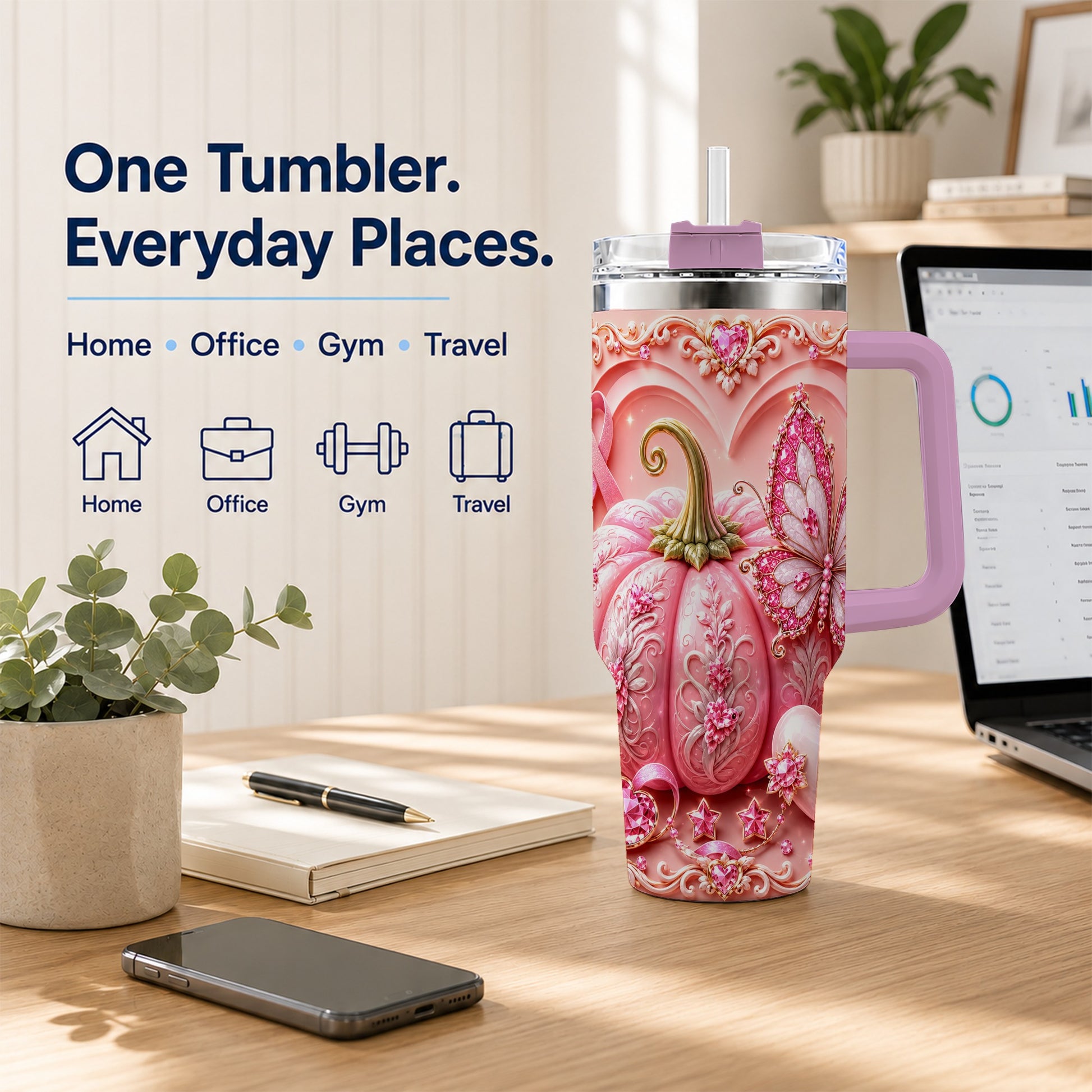 #pl[40oz|Pink] Ribbon Butterfly 40oz Tumbler with Handle, Awareness Stainless Steel Cup