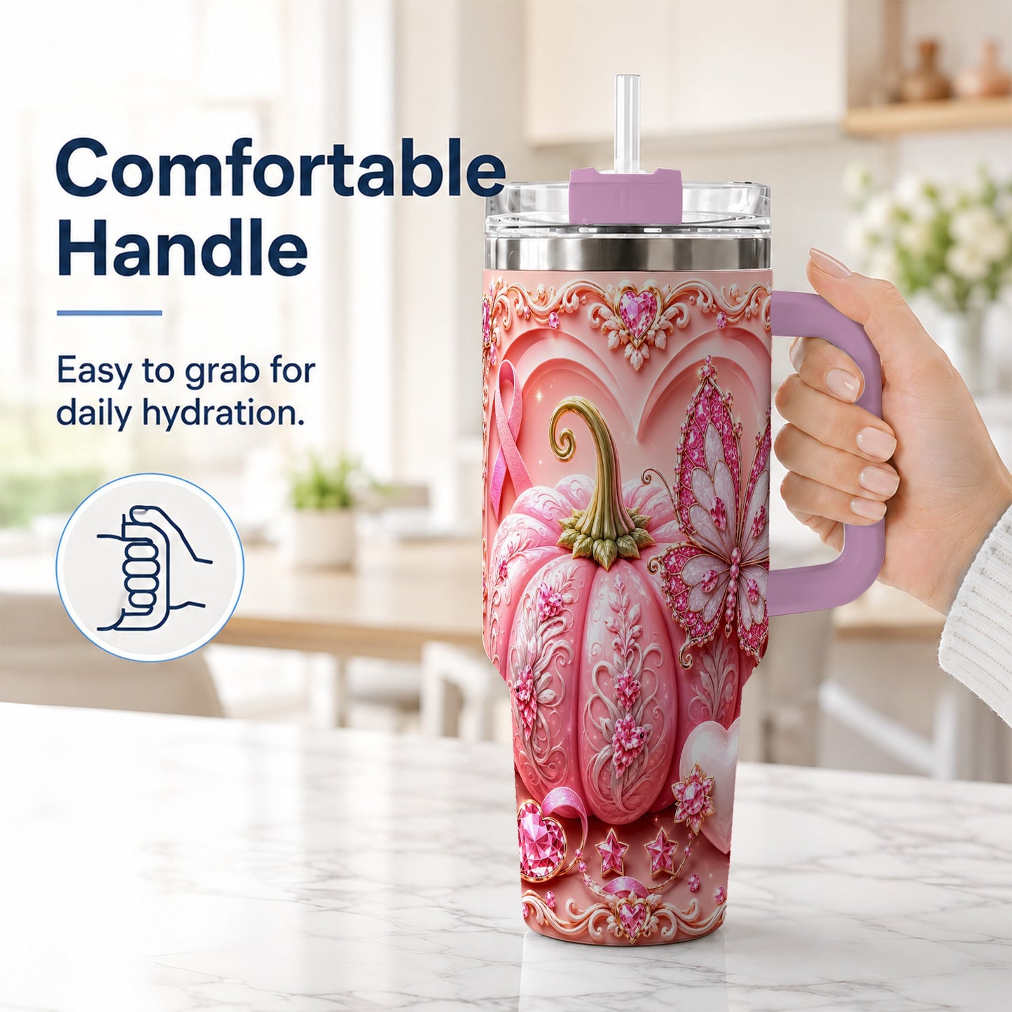 #pl[40oz|Pink] Ribbon Butterfly 40oz Tumbler with Handle, Awareness Stainless Steel Cup