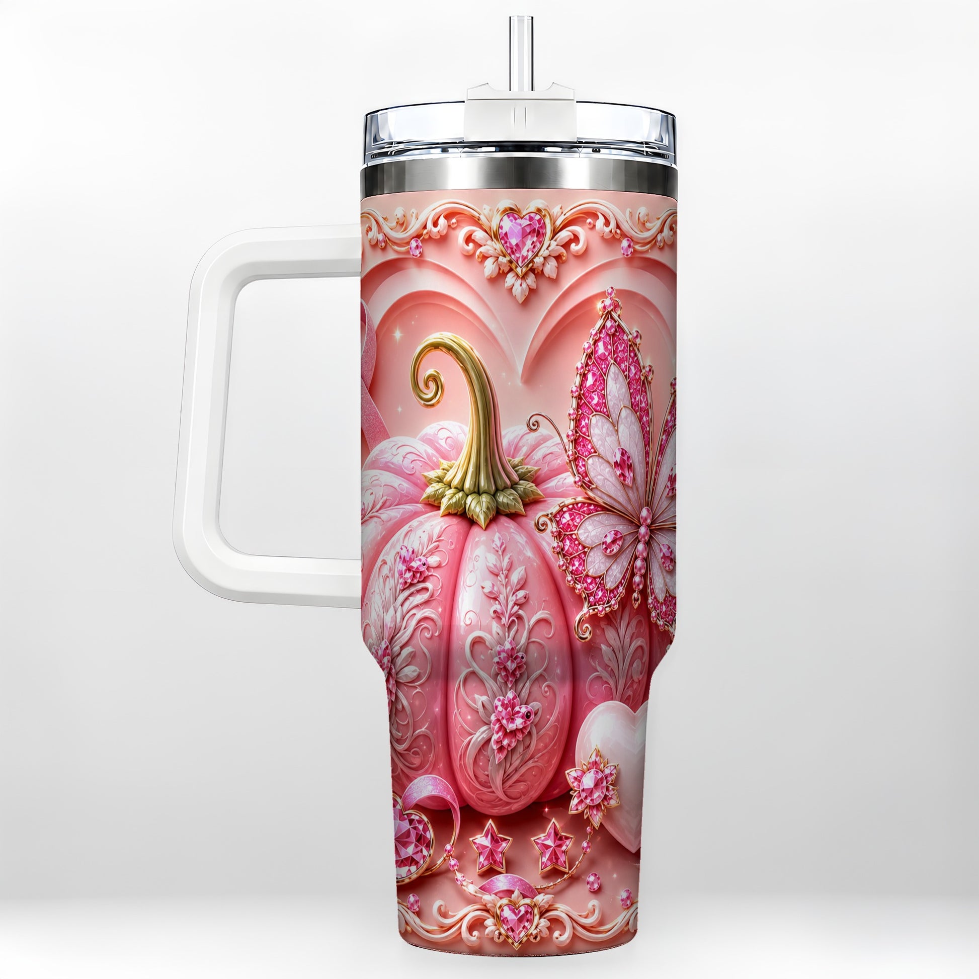 #pl[40oz|White] Ribbon Butterfly 40oz Tumbler with Handle, Awareness Stainless Steel Cup