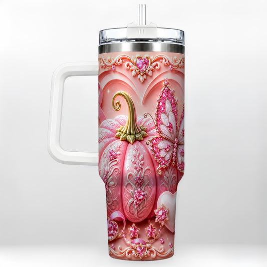 #pl[40oz|White] Ribbon Butterfly 40oz Tumbler with Handle, Awareness Stainless Steel Cup