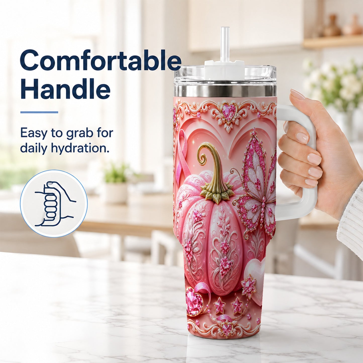 #pl[40oz|White] Ribbon Butterfly 40oz Tumbler with Handle, Awareness Stainless Steel Cup