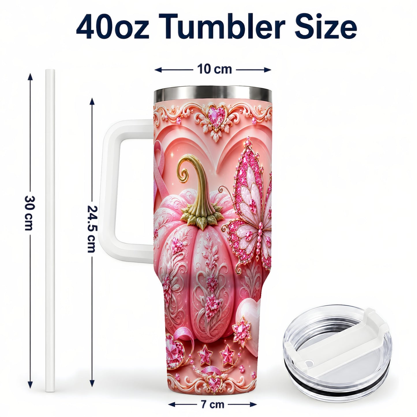 #pl[40oz|White] Ribbon Butterfly 40oz Tumbler with Handle, Awareness Stainless Steel Cup