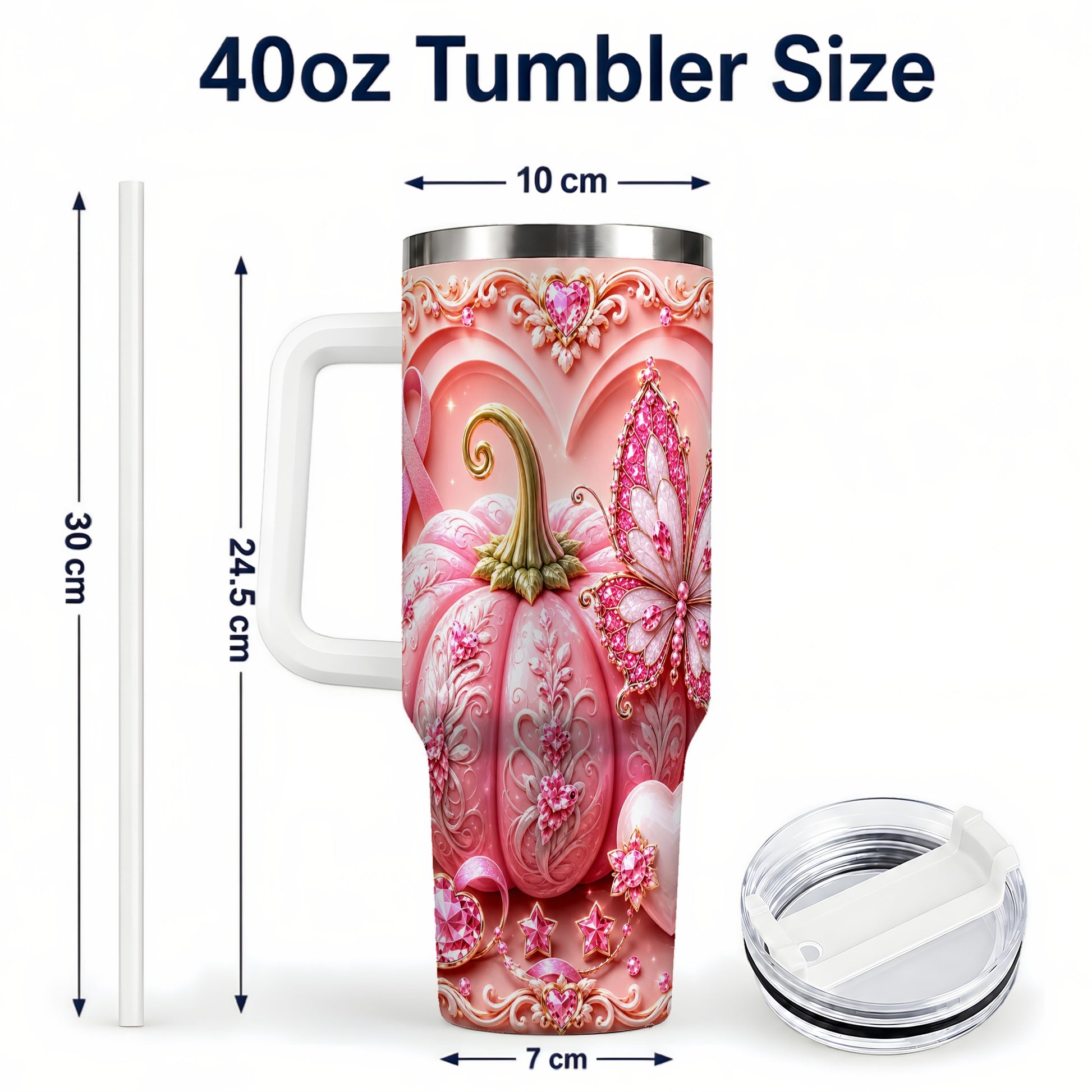 #pl[40oz|White] Ribbon Butterfly 40oz Tumbler with Handle, Awareness Stainless Steel Cup