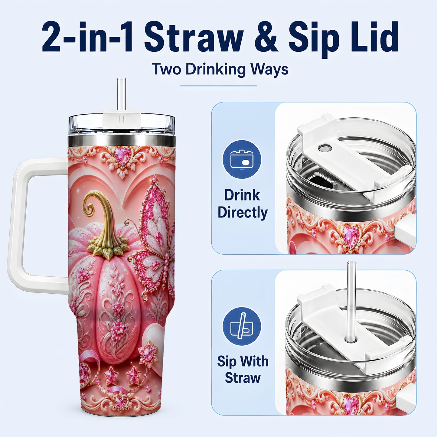 #pl[40oz|White] Ribbon Butterfly 40oz Tumbler with Handle, Awareness Stainless Steel Cup