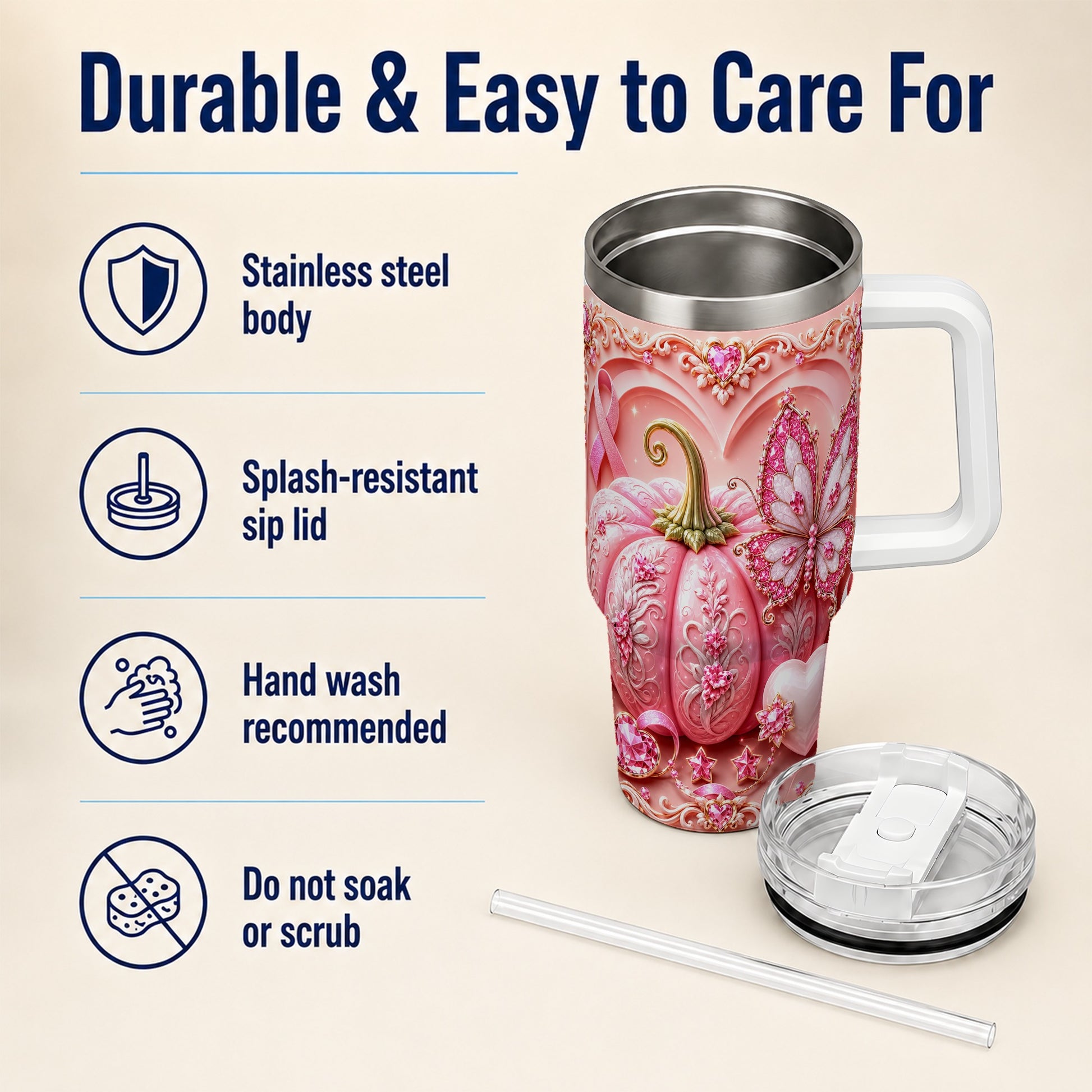 #pl[40oz|White] Ribbon Butterfly 40oz Tumbler with Handle, Awareness Stainless Steel Cup