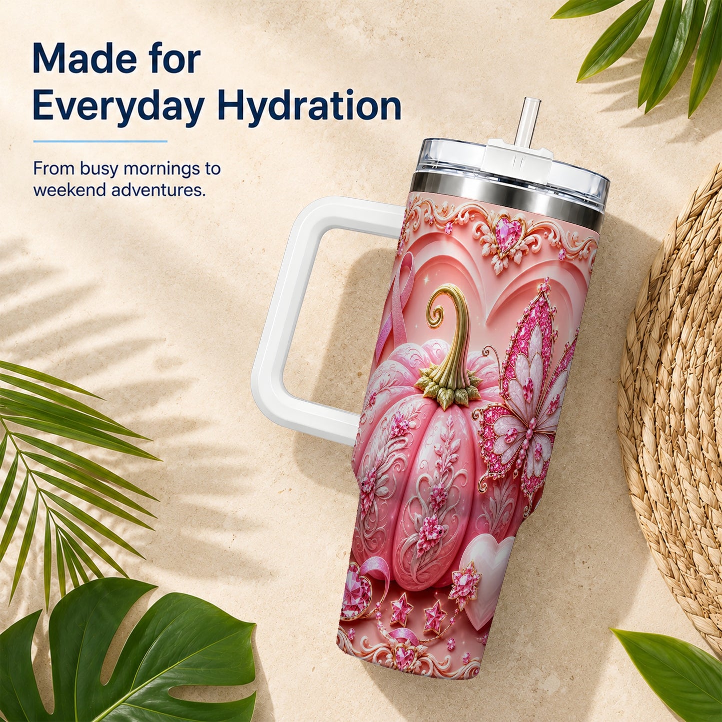 #pl[40oz|White] Ribbon Butterfly 40oz Tumbler with Handle, Awareness Stainless Steel Cup