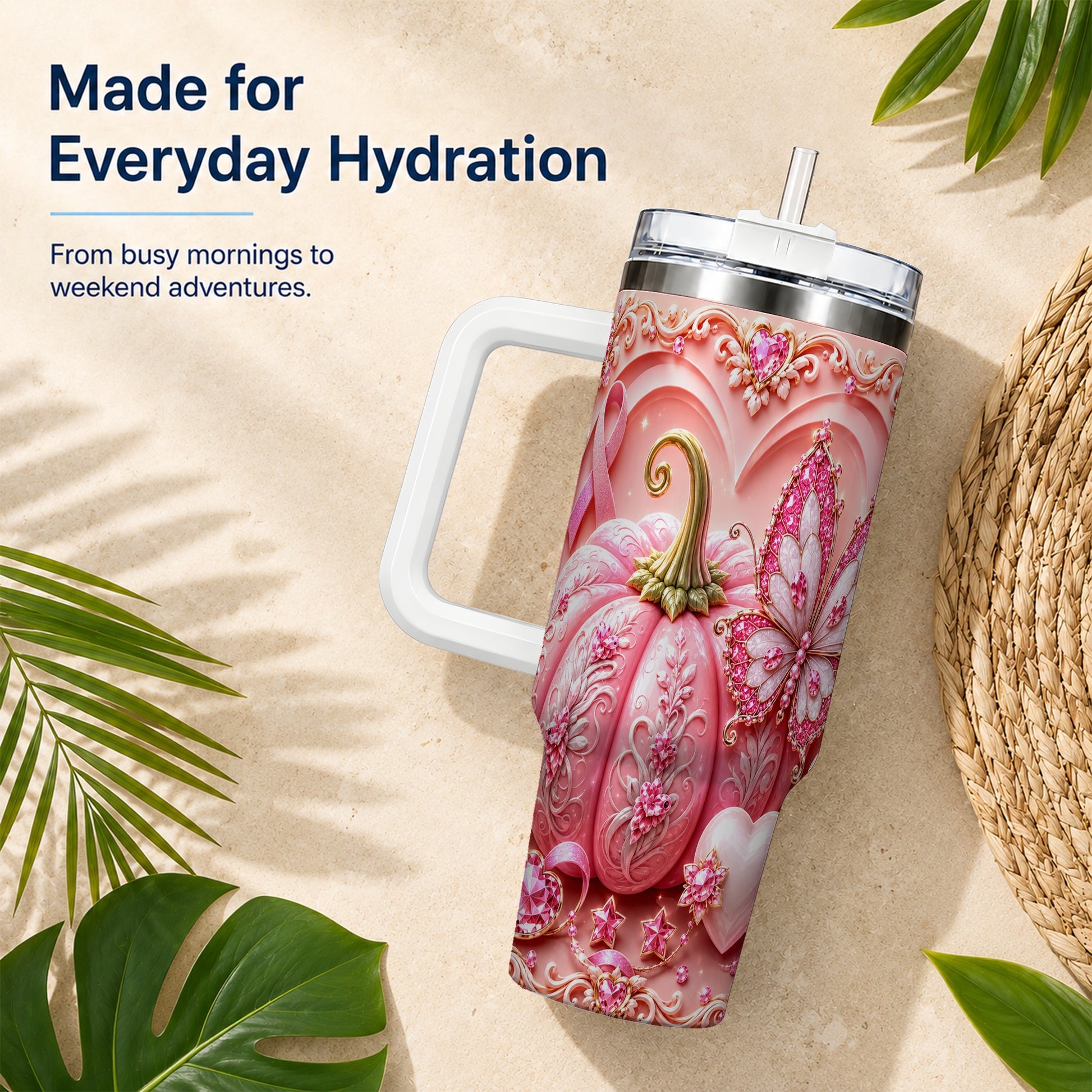 #pl[40oz|White] Ribbon Butterfly 40oz Tumbler with Handle, Awareness Stainless Steel Cup