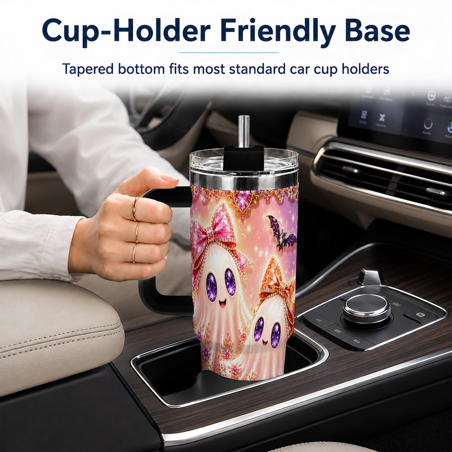 #pl[40oz|Black] Floral Ghost 40oz Tumbler with Handle, Halloween Stainless Steel Travel Cup