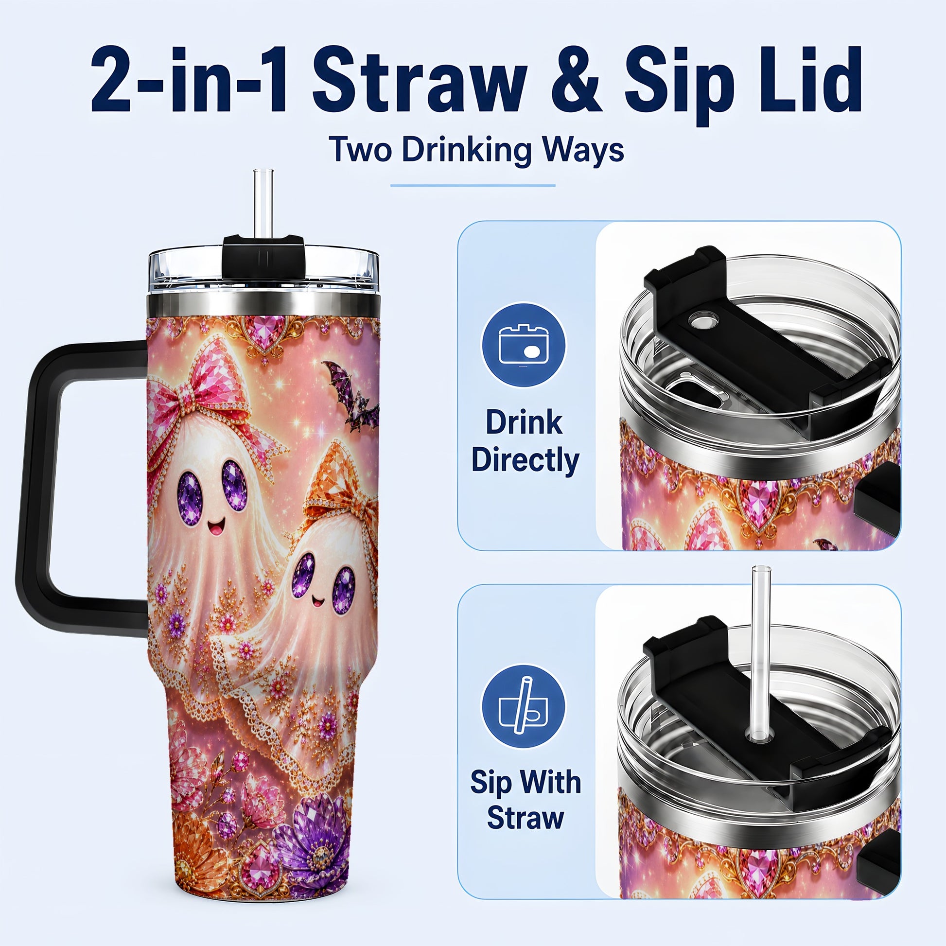 #pl[40oz|Black] Floral Ghost 40oz Tumbler with Handle, Halloween Stainless Steel Travel Cup