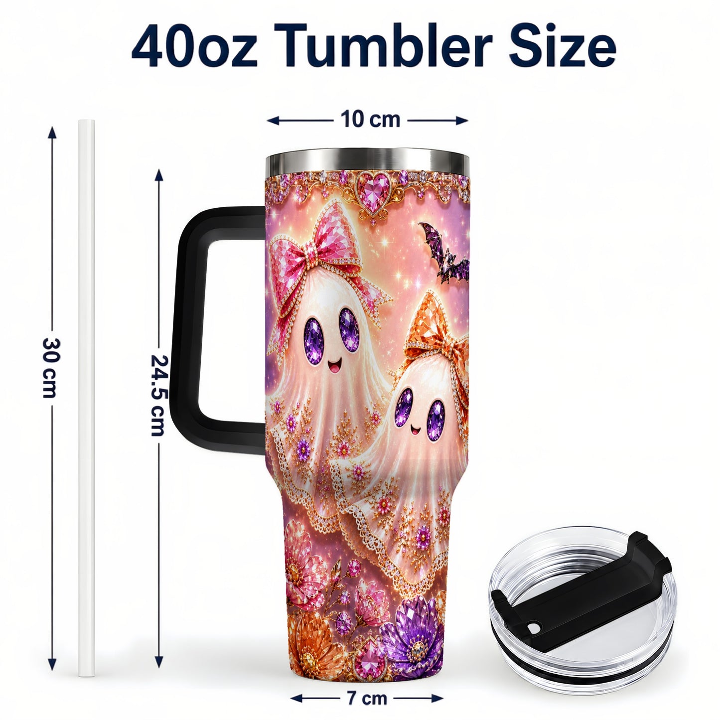 #pl[40oz|Black] Floral Ghost 40oz Tumbler with Handle, Halloween Stainless Steel Travel Cup