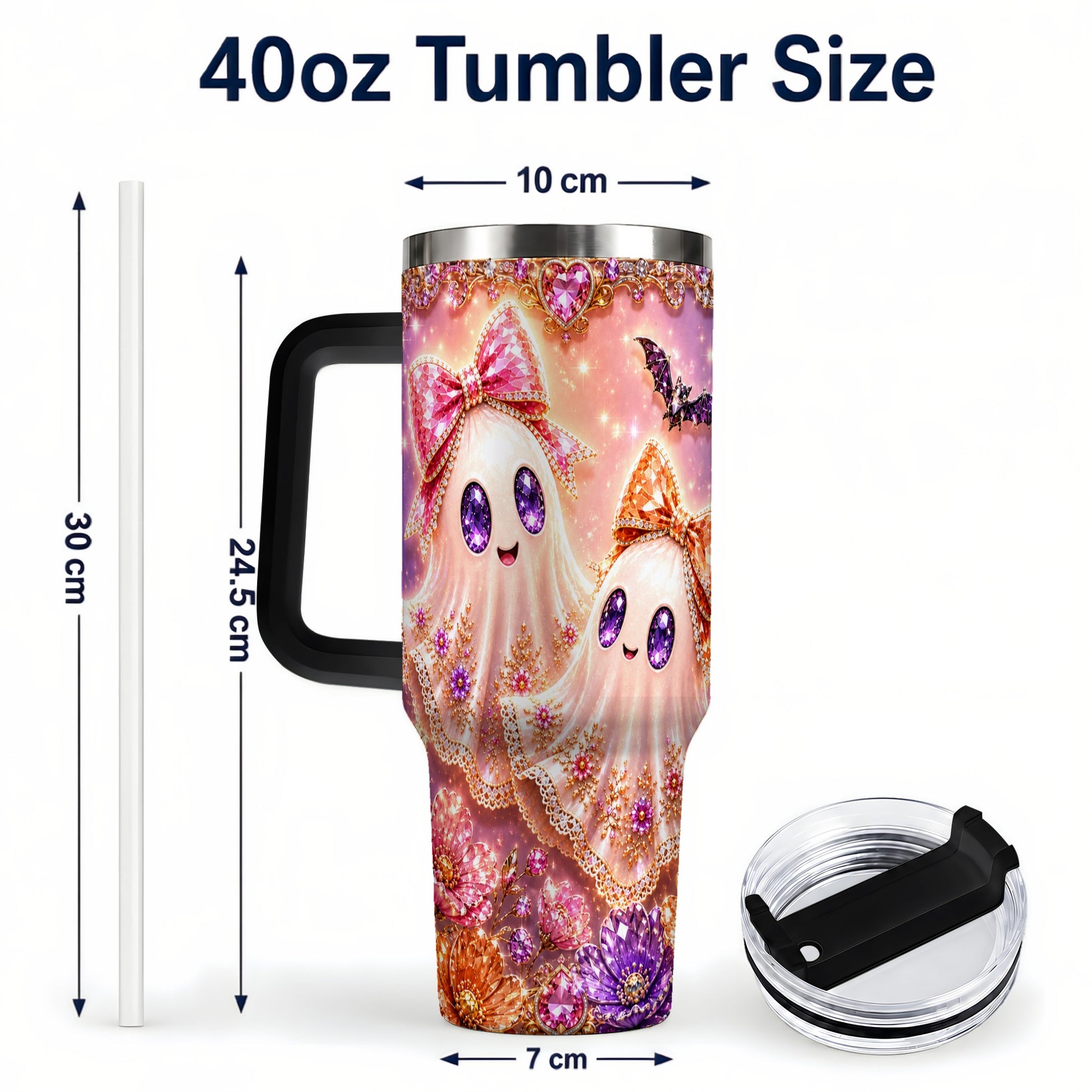 #pl[40oz|Black] Floral Ghost 40oz Tumbler with Handle, Halloween Stainless Steel Travel Cup