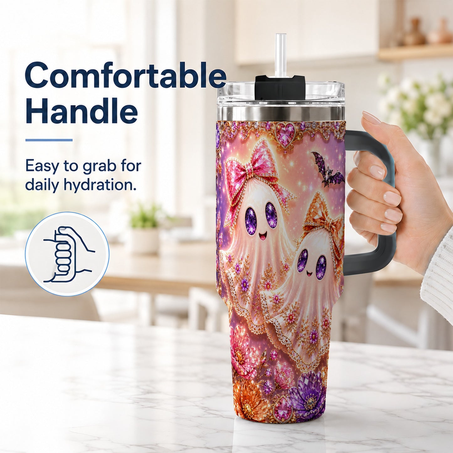 #pl[40oz|Black] Floral Ghost 40oz Tumbler with Handle, Halloween Stainless Steel Travel Cup