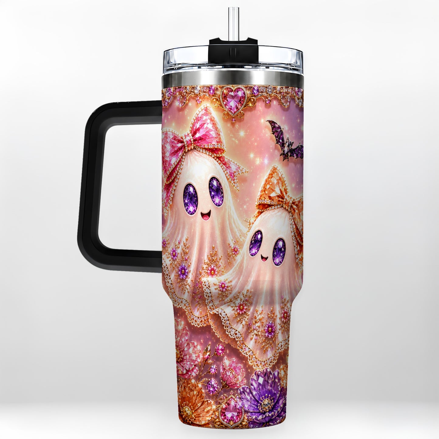 #pl[40oz|Black] Floral Ghost 40oz Tumbler with Handle, Halloween Stainless Steel Travel Cup