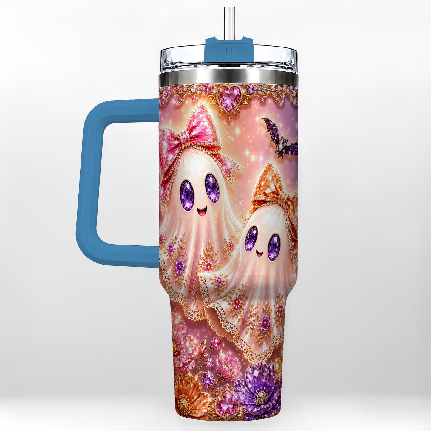 #pl[40oz|Blue] Floral Ghost 40oz Tumbler with Handle, Halloween Stainless Steel Travel Cup