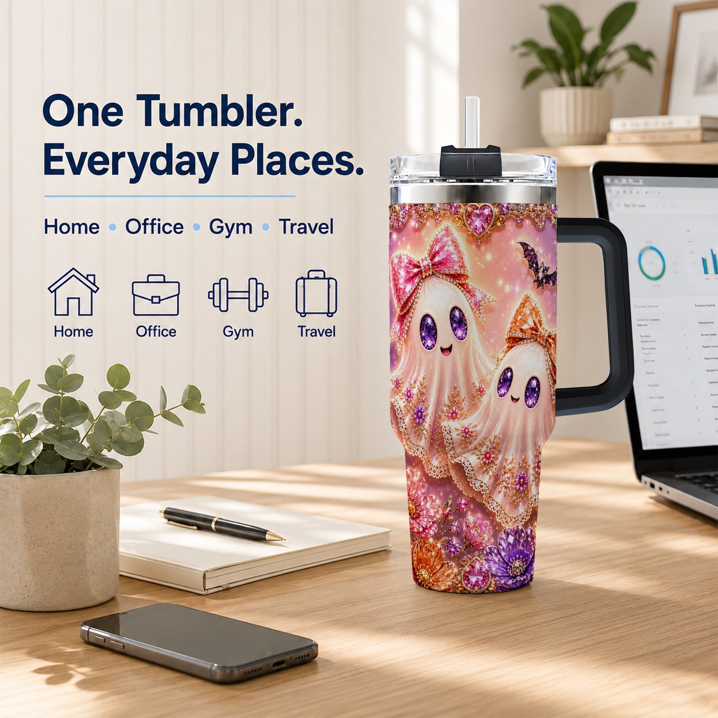 #pl[40oz|Black] Floral Ghost 40oz Tumbler with Handle, Halloween Stainless Steel Travel Cup