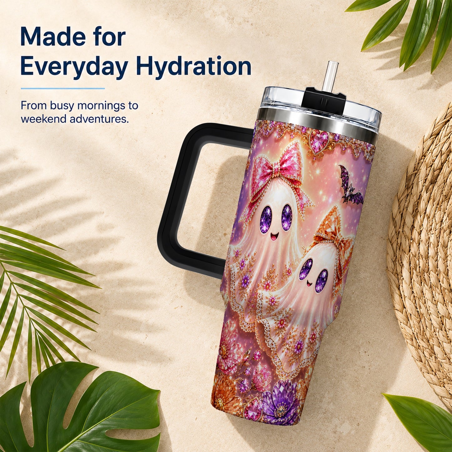#pl[40oz|Black] Floral Ghost 40oz Tumbler with Handle, Halloween Stainless Steel Travel Cup