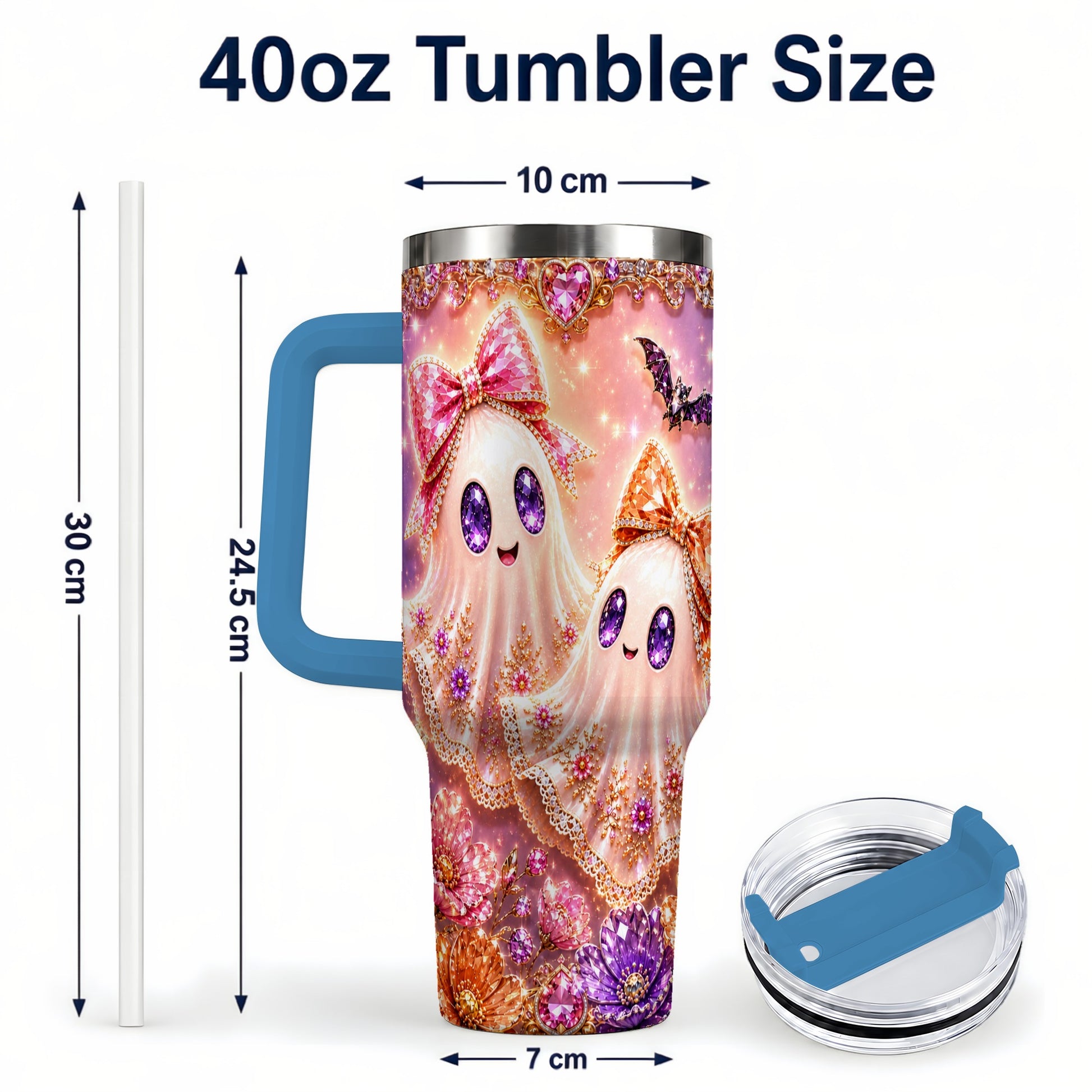 #pl[40oz|Blue] Floral Ghost 40oz Tumbler with Handle, Halloween Stainless Steel Travel Cup