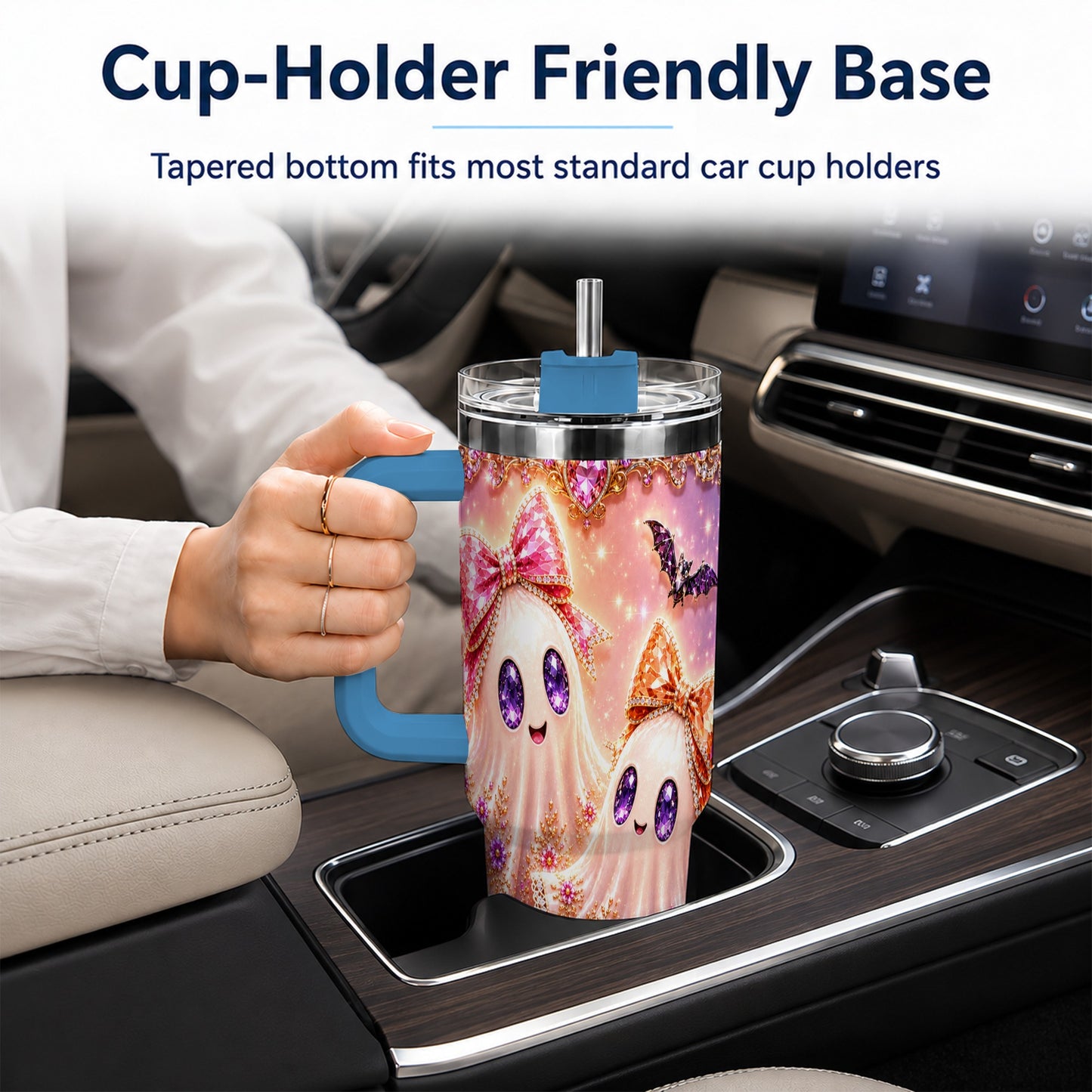 #pl[40oz|Blue] Floral Ghost 40oz Tumbler with Handle, Halloween Stainless Steel Travel Cup
